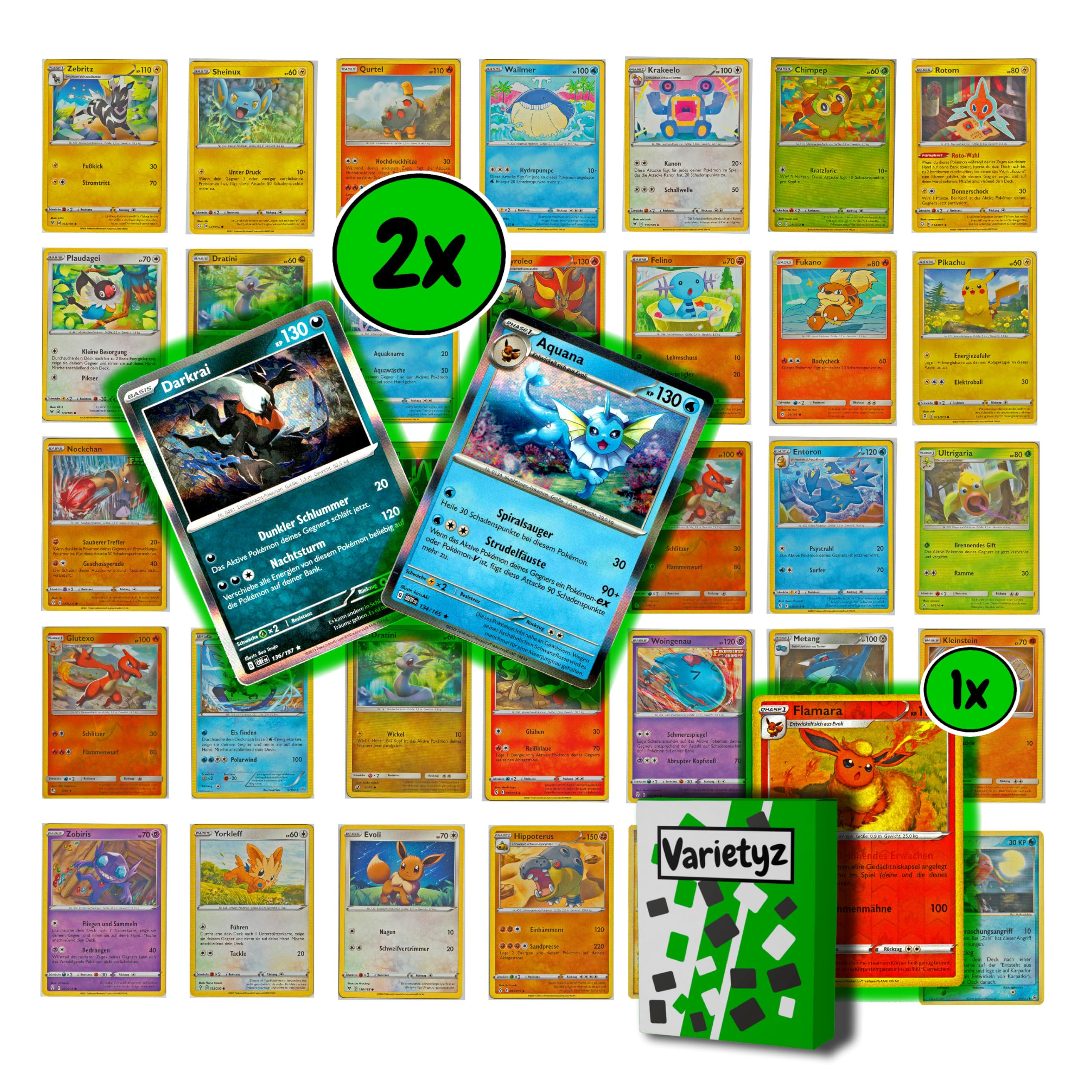 Varietyz 50 Different Pokemon Cards German Original - 50 Pieces Pokemon Card  Set - 2 Holo Cards + 1 Reverse Holo Card