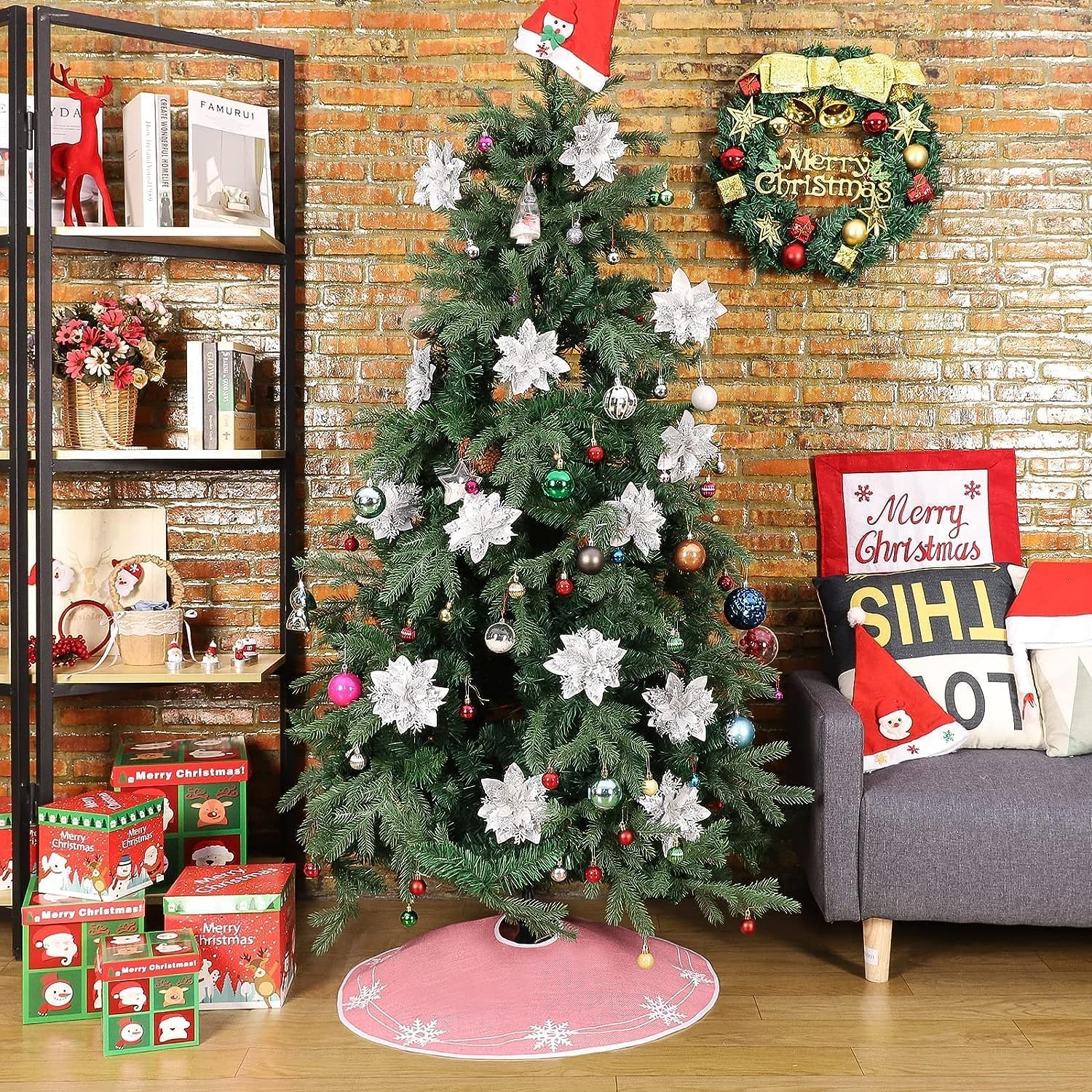 N&T NIETING - Falda de árbol de Navidad de 75 cm con copo de nieve rosa en yute - Decoración para Navidad