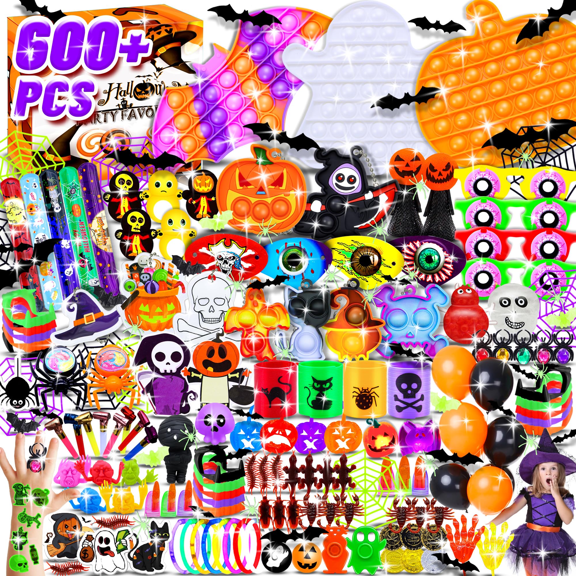 600+pcs Halloween Party Favors for Kids Fidget Toys Pack Bulk Prize Boxes Treasure Box Goodie Bag Stuffers Carnival Prizes Classroom Rewards Fillers for Children