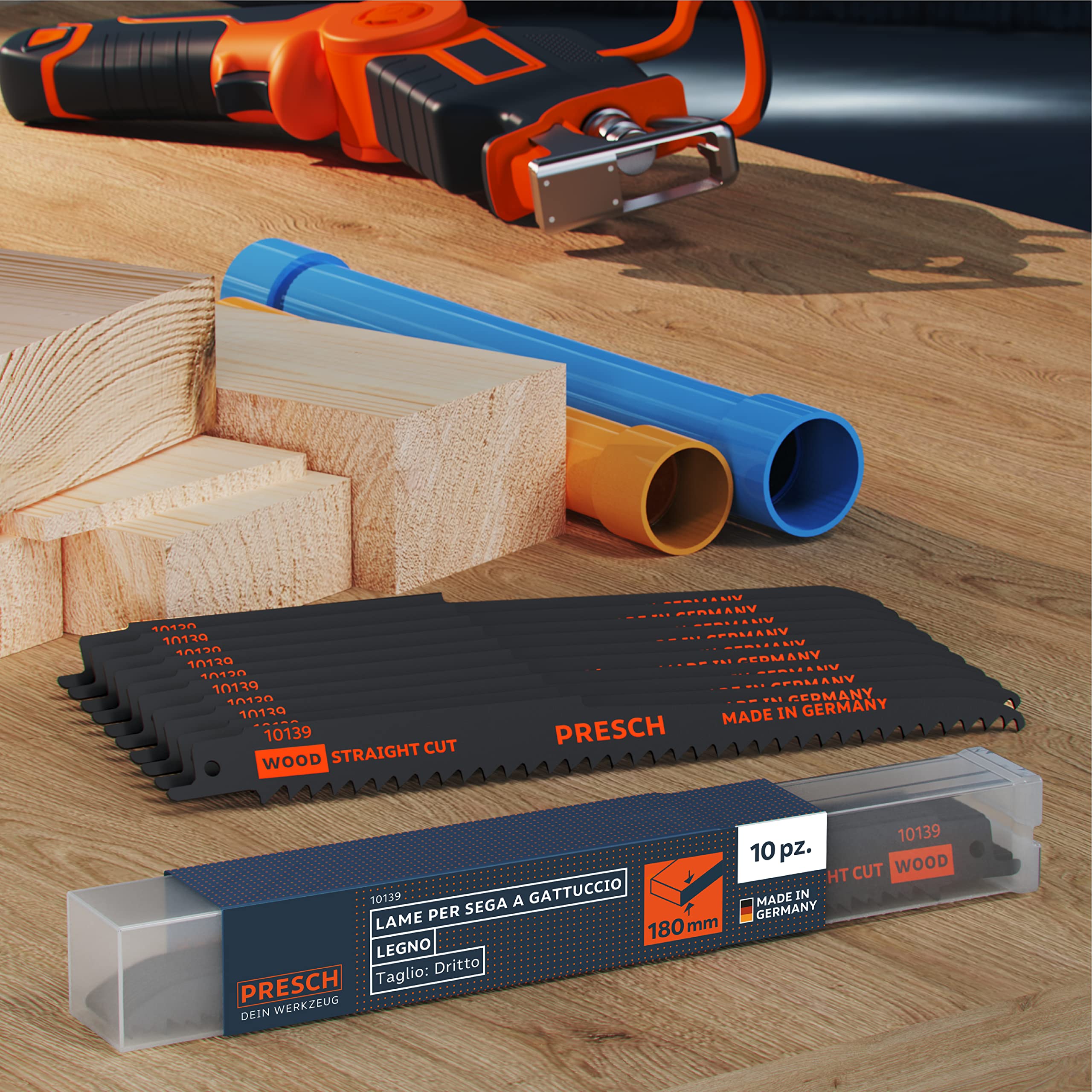 Presch Lame seghetto a gattuccio per legno 210 mm 10 pezzi - taglio 6-180 mm - Lame per sega a gattuccio er legno, tubi in PVC e altro. - Set di lame per sega con scatola