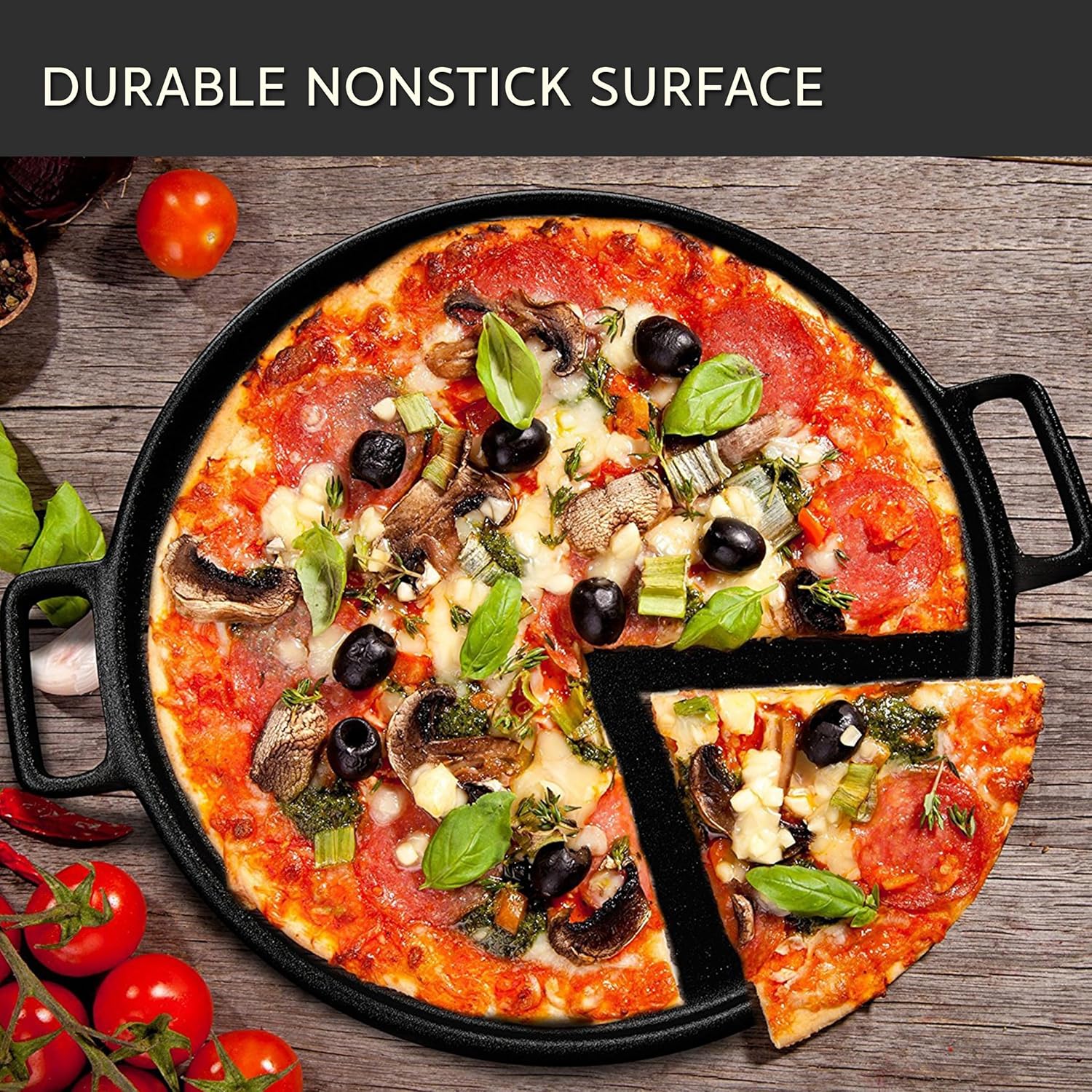 Home-Complete Cast Iron Pizza Pan - 14-Inch Baking Pan for Oven, Stovetop, Grill, or Campfires - Durable, Even-Heating, Versatile Cast Iron Griddle 14" Pizza Pan