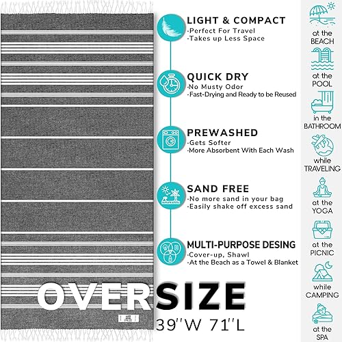 Miniatura 3 de EPHESUS TOWELS Toalla de playa turca  Algodón turco, 39 x 71 pulgadas, toalla turca de gran tamaño para playa, baño, piscina, gimnasio, yoga,