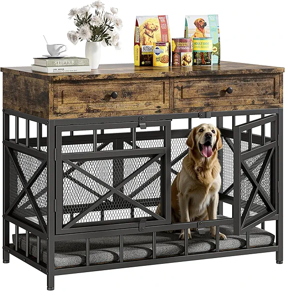 IRONCK 44 inch Large Dog Crate Furniture, Wooden Dog Kennel with Storage Drawers for Medium/Large Dogs, Decorative Dogs Kennel Indoor, Rustic Brown