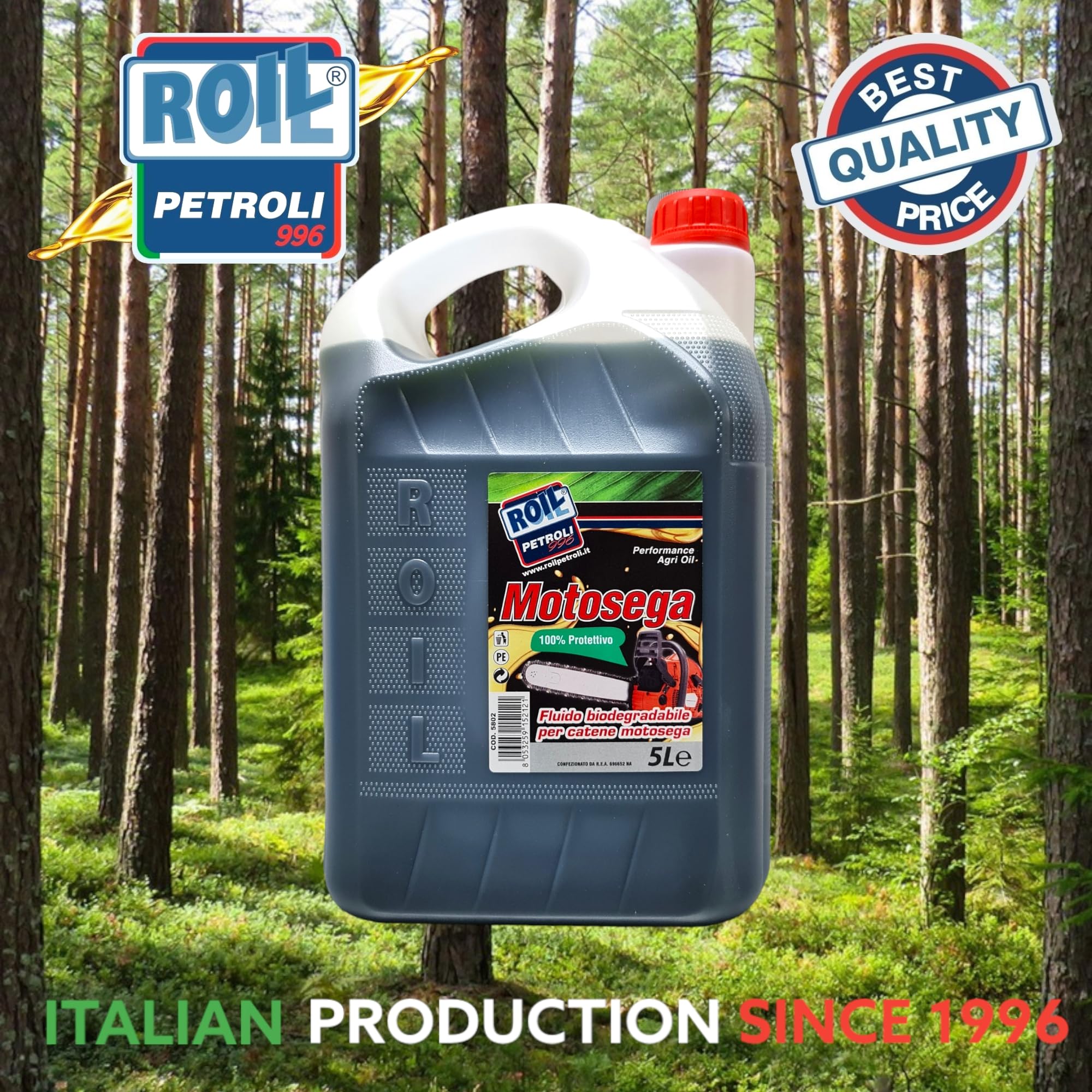 5 Litri di Olio ►BIOLOGICO e BIODEGRADABILE◄ di colore VERDE per CATENE MOTOSEGA per ►Uso PROFESSIONALE e HOBBISTICO◄ (5)