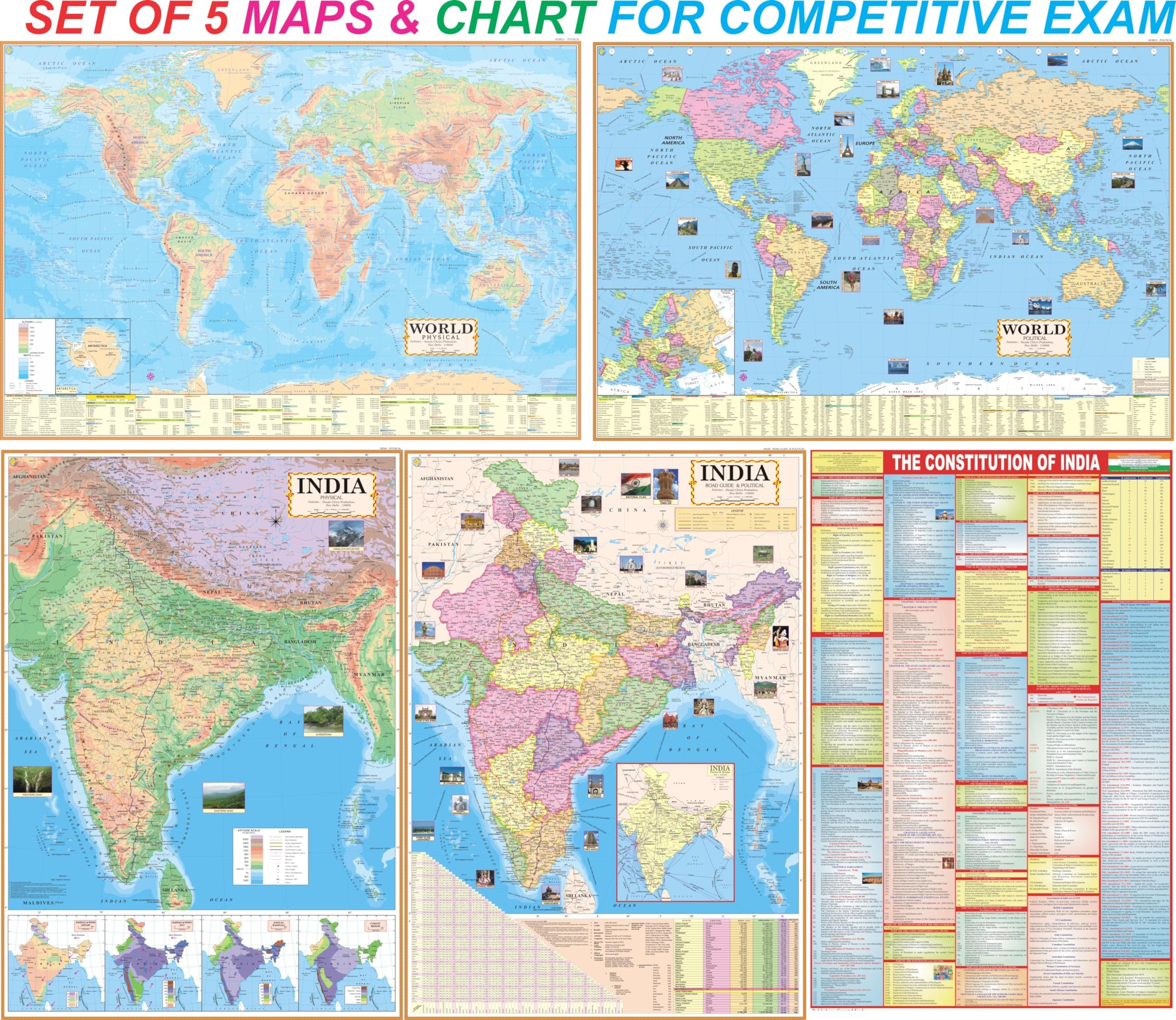 India Political & Physical, World Map Political & Physical Maps and India Constitution Chart | Set Of 5 | Map Size - 70X100 cm | Use For UPSC, SSC, IES, Bank, Railway and Other Competitive Exams.