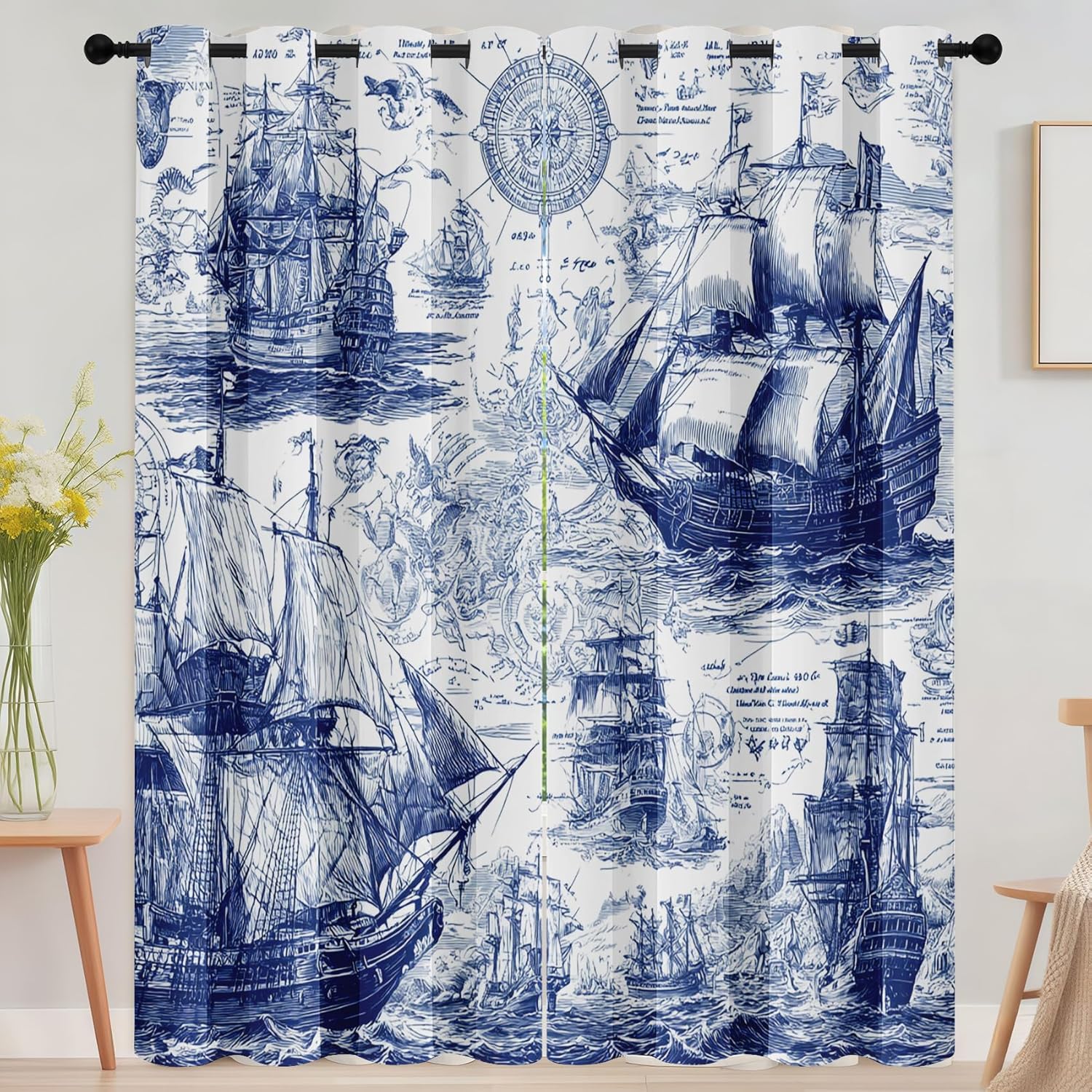 Sailboat Compass Curtains 72 Inch Length - Nautical Map Drapes Darkening Thermal Insulation with Grommet - Ocean Waves Blackout Curtains for Bedroom Living Room 2 Panels - 42 x 72 Inch