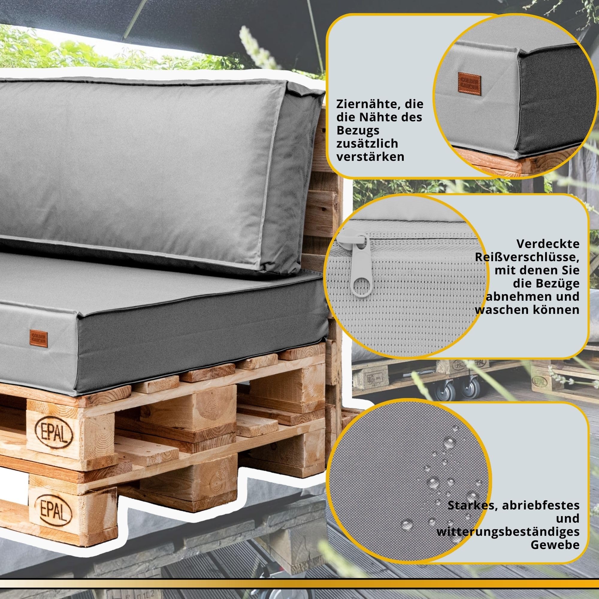 GoldenGroup Gartenset Kissen für Palettenmöbel Grau - Strapazierfähiges Gewebe - Palettenkissen Set Gefüllt mit Schaumgranulat und Schaumstoff - 120x65x15 Sitzkissen - (2X) 60x40x10 Rückenkissen