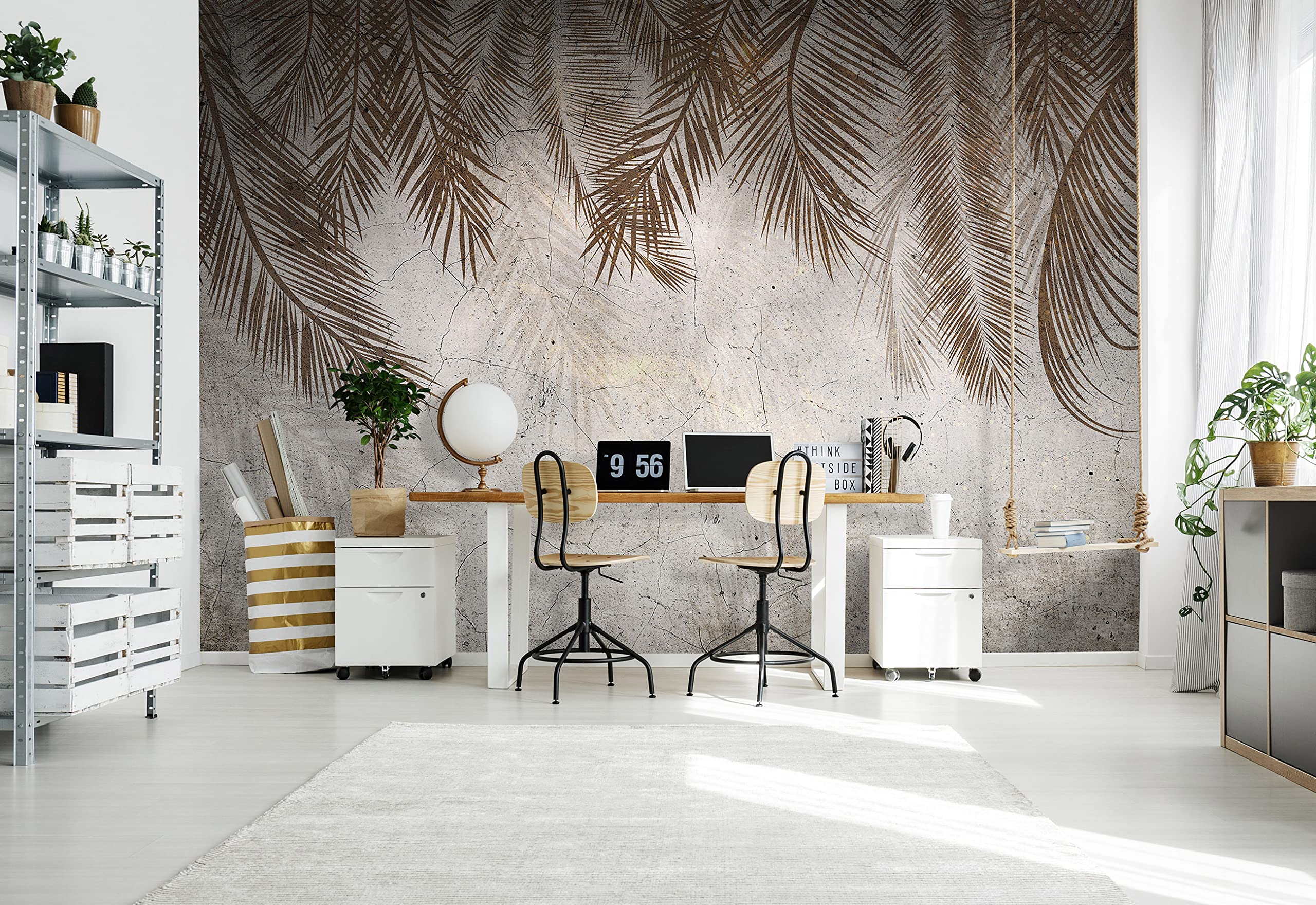 Papel Pintado Hojas Hojas De Palmera Plumas Beige Hormigón - Incluye Pegamento - Fotomurales Pared Tejido No Tejido Decorativos Murales Fotográfico