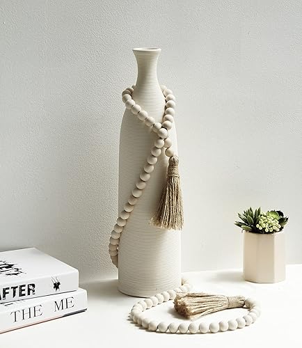 Miniatura 2 de 2 cuentas de granja, guirnalda de cuentas de madera de 58 pulgadas con borlas, guirnalda de cuentas bohemias, decoración rústica de campo (natural)