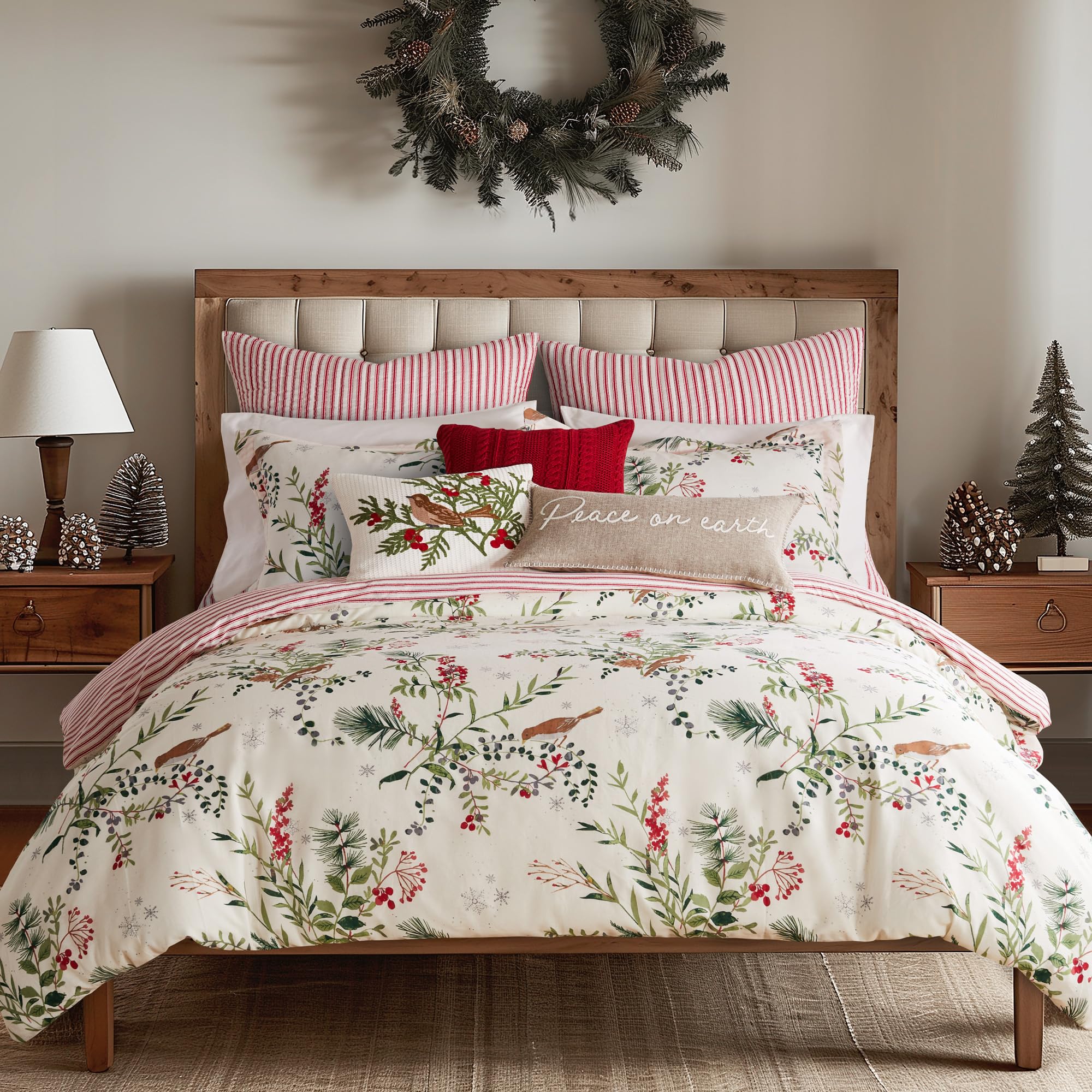Levtex Home - Winterberry Forest Comforter Set - King Comforter (106 x 94in.) + Two King Pillow Cases (36 x 20in.) - Berry Branches - Green Red Grey and Cream - Cotton
