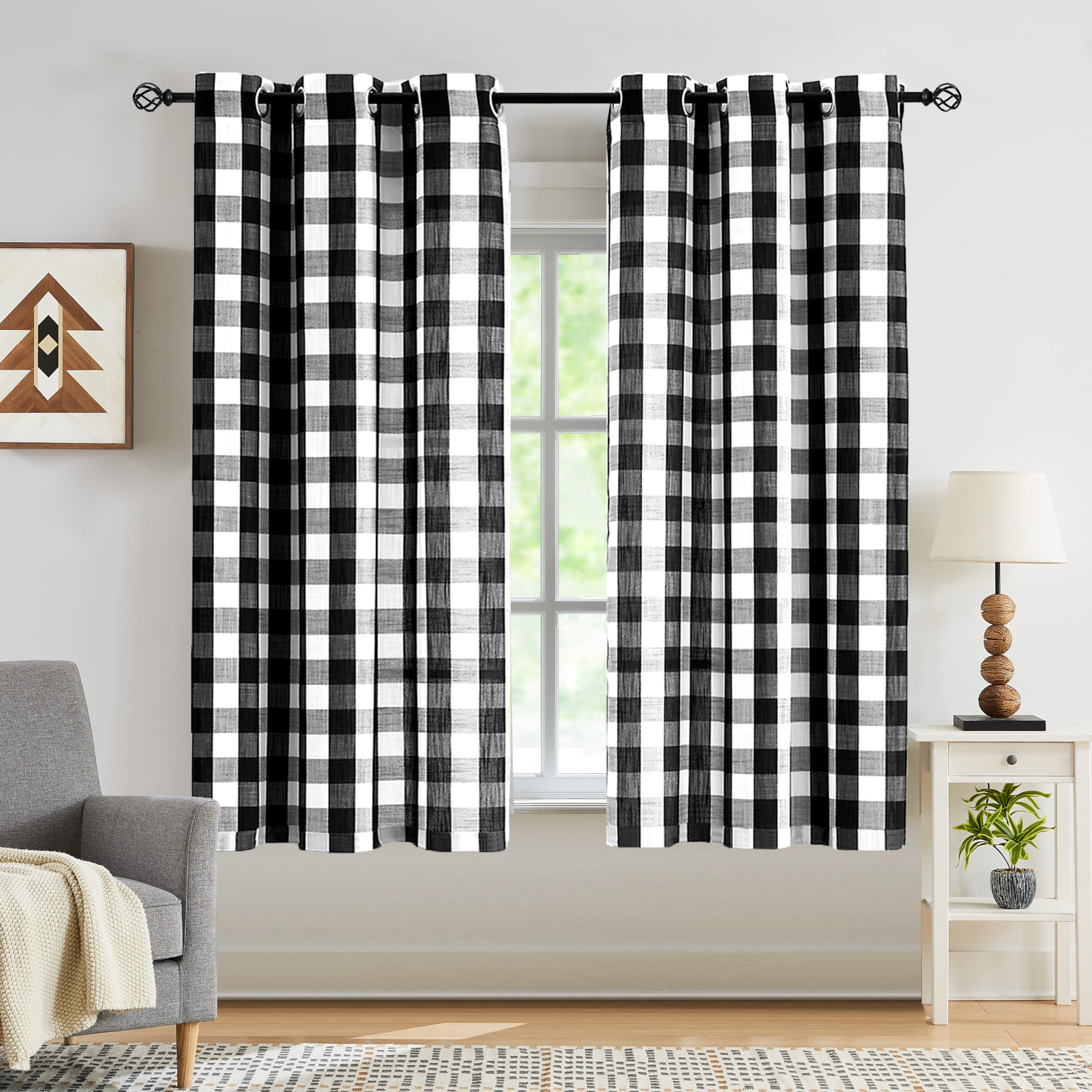 Jubilantex Buffalo Check Semi Curtain Panels Black White Gingham Curtains Farmhouse Grommet Window Drapes for Living Room Bedroom 52"x63",2 Panels
