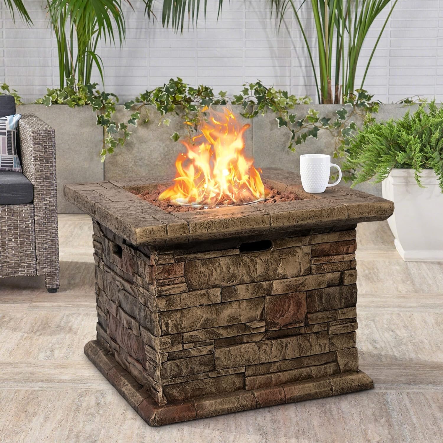 32" Outdoor Stone Look Propane Gas Fire Pit Lava Rocks