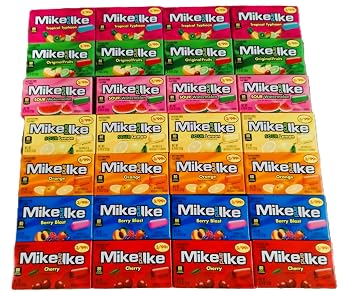 DM Sweets Mike and Ike Assortment - 4 Boxes Each of Original Orange Berry Blast Tropical Typhoon Sour Lemon Cherry Sour Watermelon, Red