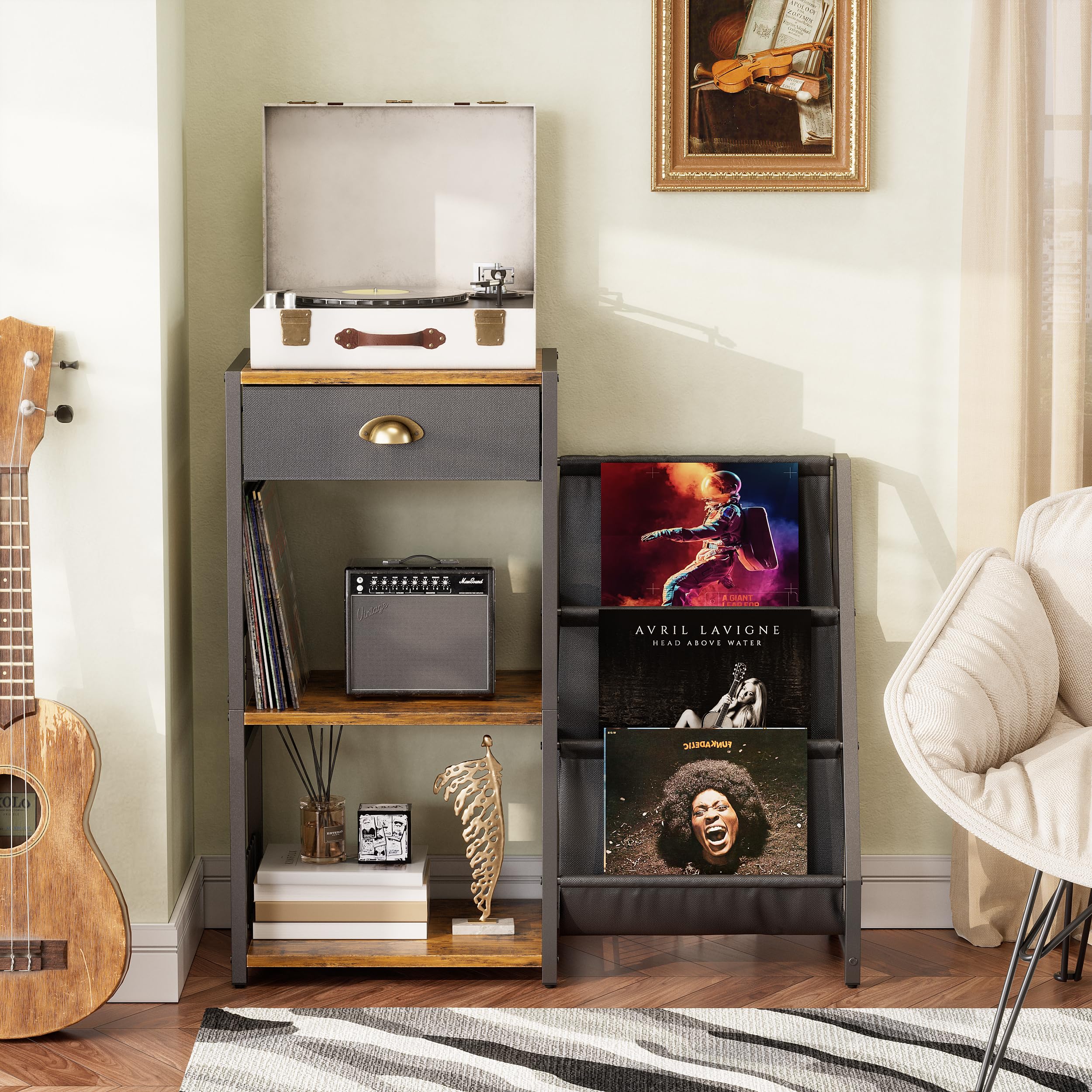 Support pour tourne-disque à 3 étages - Table d'appoint vintage avec tiroir - Support de disques vinyle en bois - Étagère avec étagère d'affichage à 3 niveaux - 86 x 30 x 75 cm