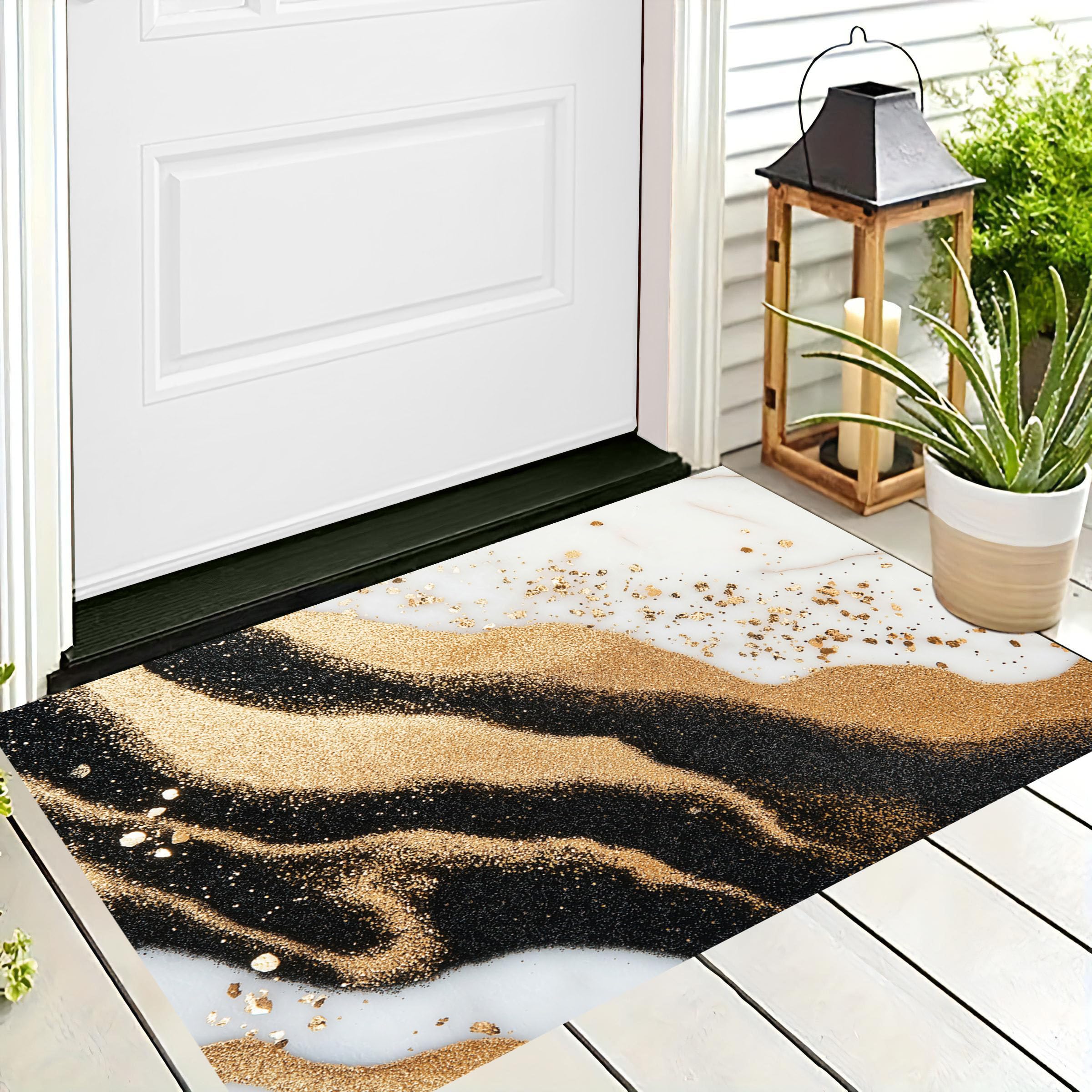Paillasson motif marbre et feuille d'or, tapis d'intérieur premium 80x120