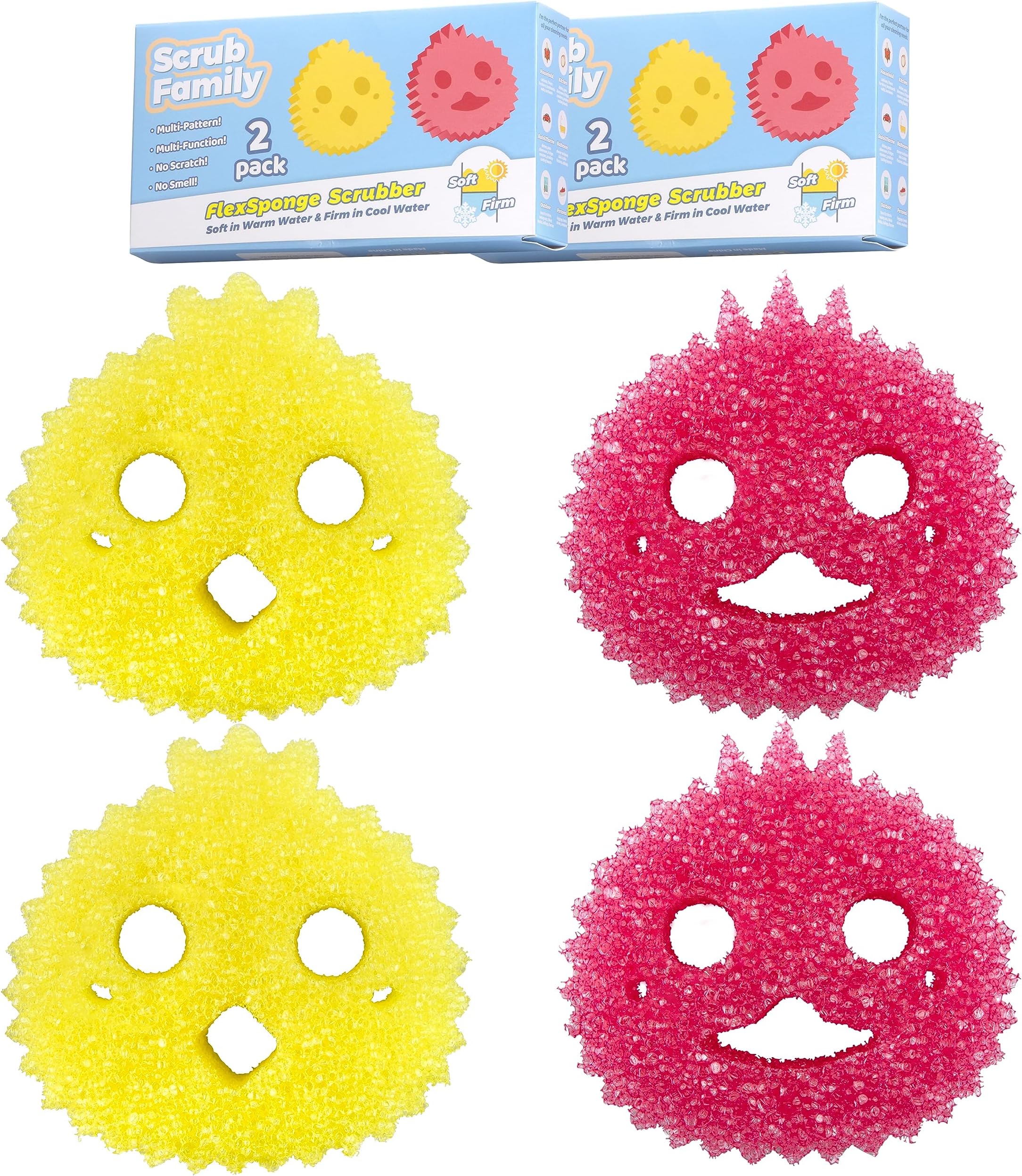 Functional Sponge Scrubber Set - Daddy Mommy Daily Scrub Sponge, Smiley Happy Face, Firm in Cold and Soft in Warm, Scratch Free, No Odor, 2 Animal Patterns (4ct)