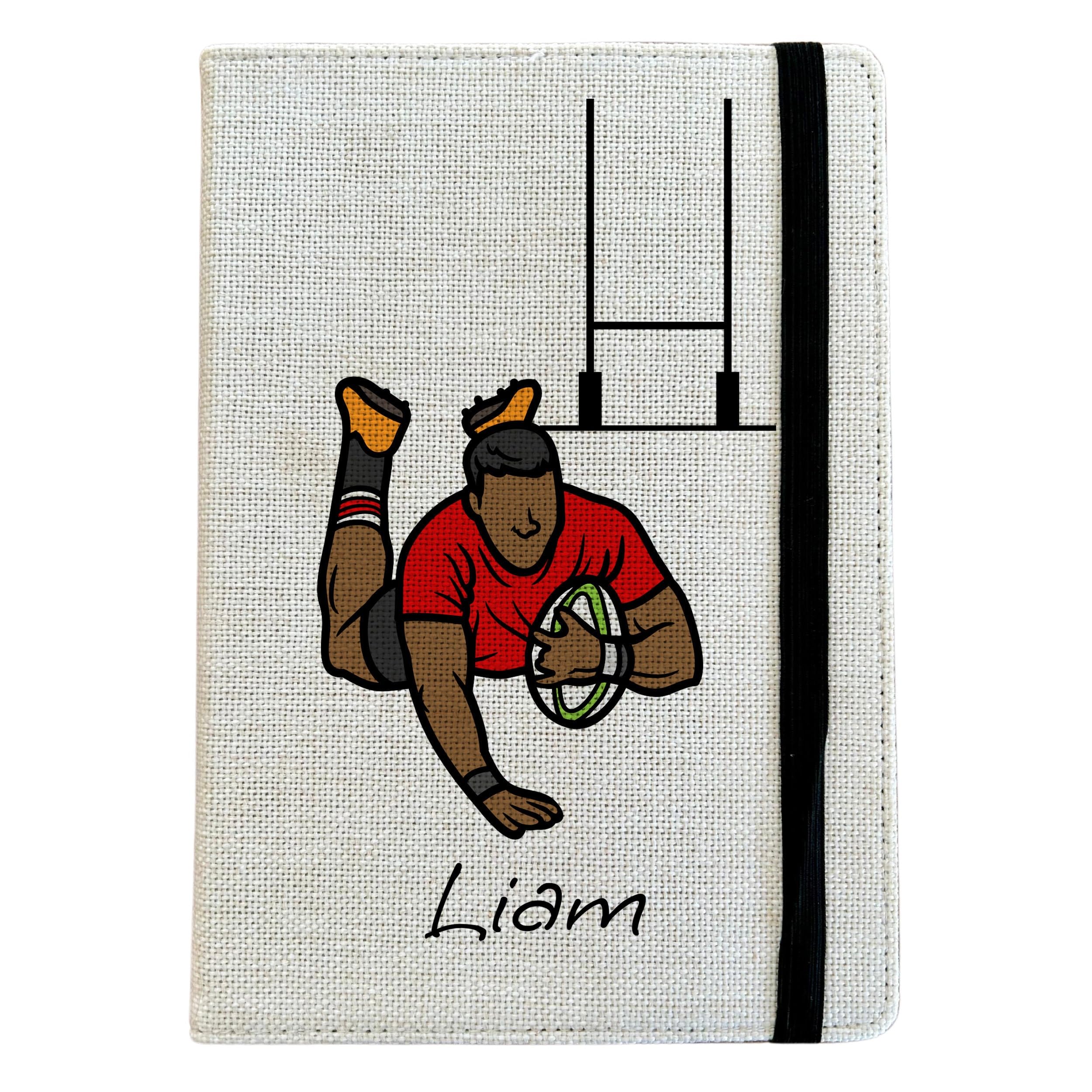Personalised Rugby A5 Notebook - Custom Sports Lined Journal - Reusable Training Notebook Cover - Linen Hardback Journal Cover Gift
