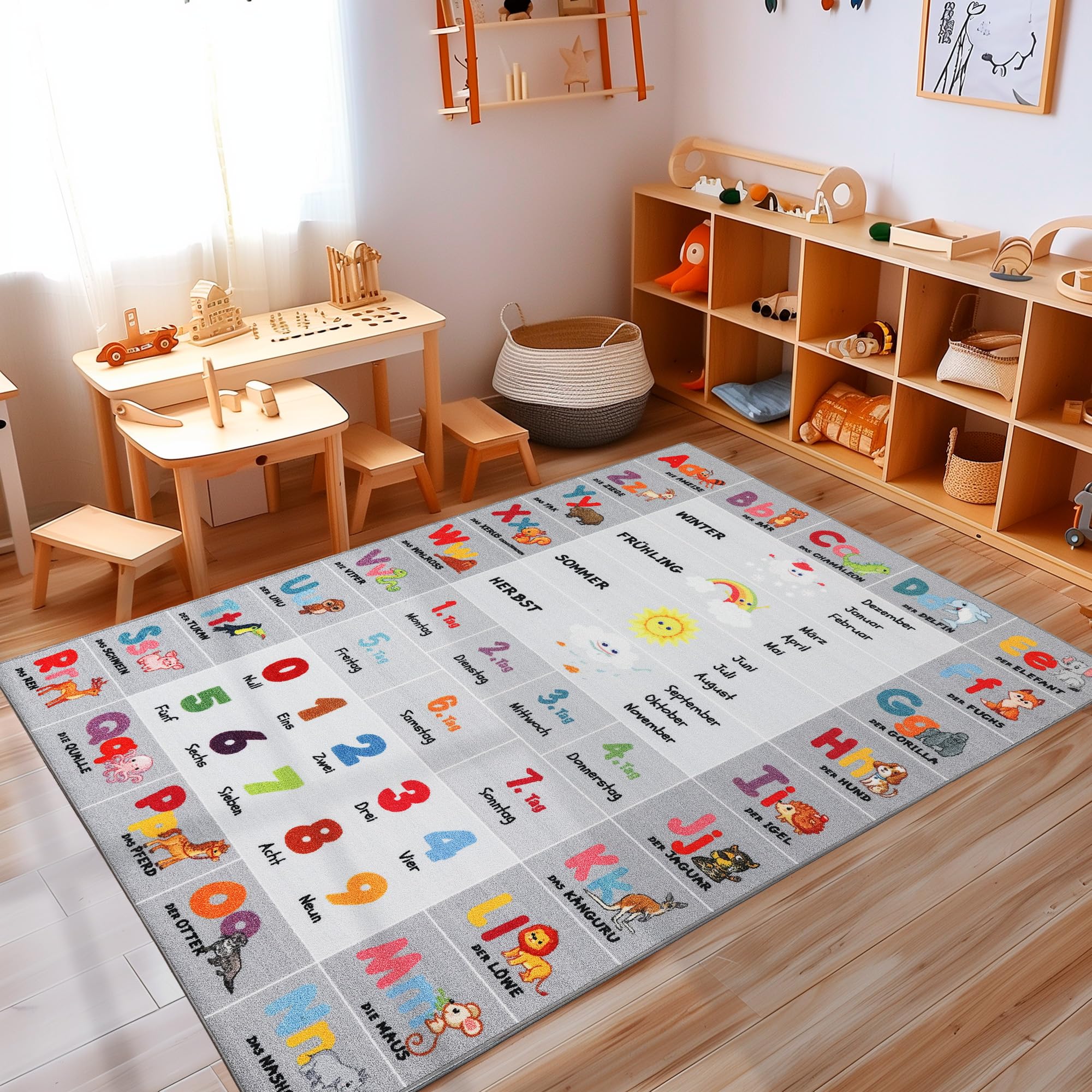 Teppich Kinderzimmer Creme Mädchen & Junge Flauschiger Kinderteppich Waschbar Weich Spielteppich Läufer Flur Carpet Teppich rutschfest Regenbogen Design