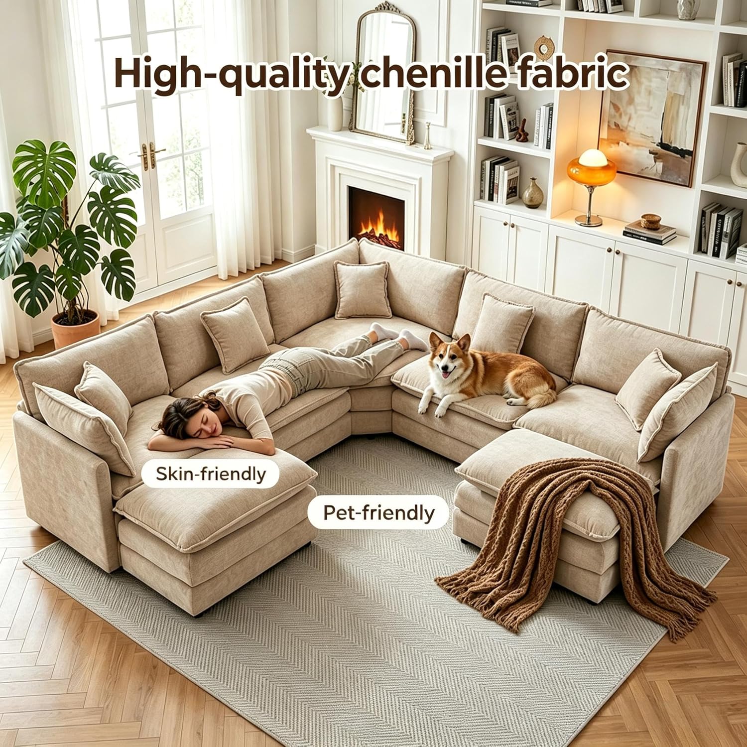 Oversized Modular Sectional Cloud Sofa: 114" V-Shaped Modular Cloud Couch, 7 Seater Comfy Couch with Ottomans and Pillows, Chenille Deep Seat Couch for Living Room,Bedroom,Apartment,Large Space,Camel