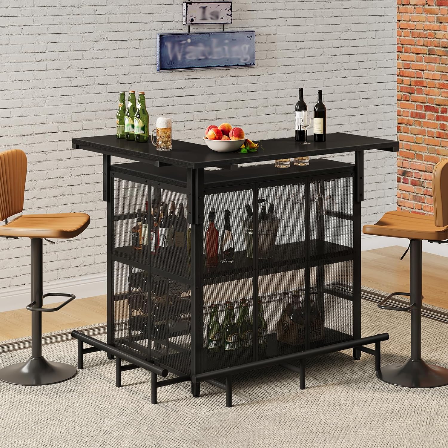 HOOBRO Home Bar Unit, L-Shaped Bar Table with Glasses Holder, and 4-Tier Shelves, Corner Mini Coffee Liquor Cabinet with Footrest,with LED Light APP Control for Home, Kitchen, Pub, Black BK129DBT01