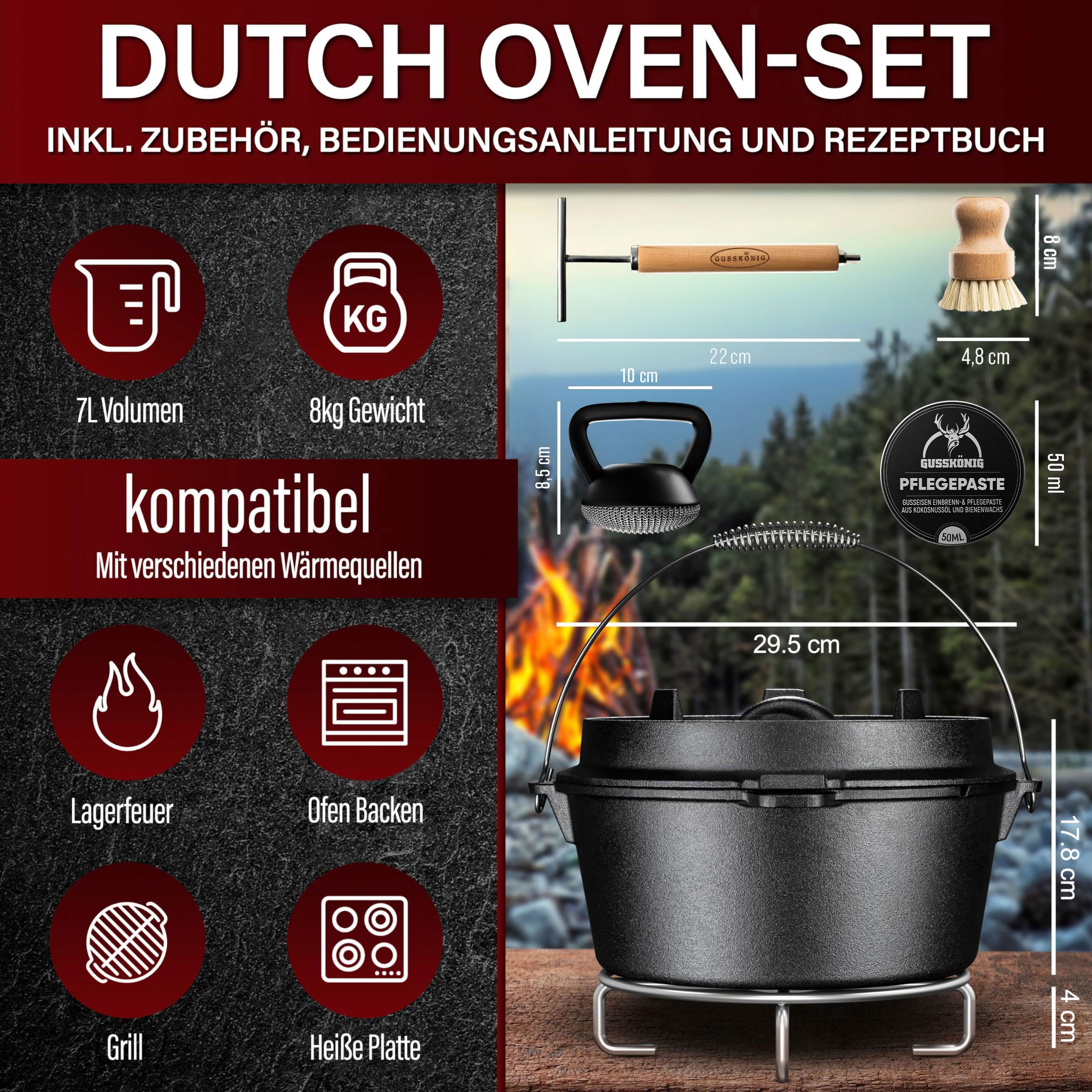 GUSSKÖNIG Dutch Oven Set–Eingebrannter Dutch Oven 7L–Feuertopf Gusseisen ohne Füß–Schmortopf Doppelfunktion-2in1 Deckelheber,Untersetzer,Schrubber,Pflegepaste,Bürste & Rezeptbuch-30 Jahre Garantie