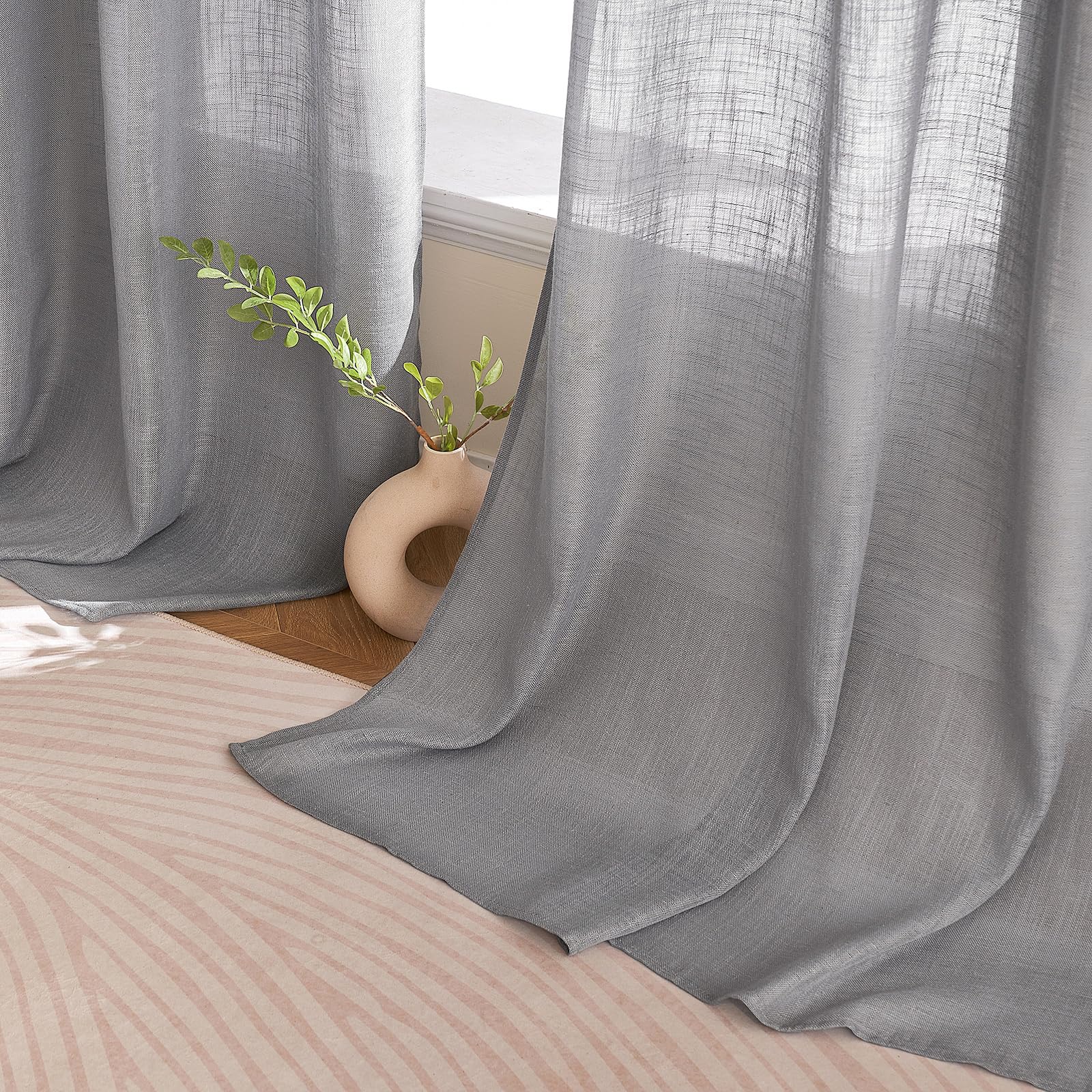 Woaboy Leinen Gardinen Grau Vorhänge Wohnzimmer Halbtransparent mit Ösen Stores Gardine Leinenoptik Schlafzimmer Modern Ösenvorhang Schlaufengardinen 2er Set 140x245cm (BxH) Grau