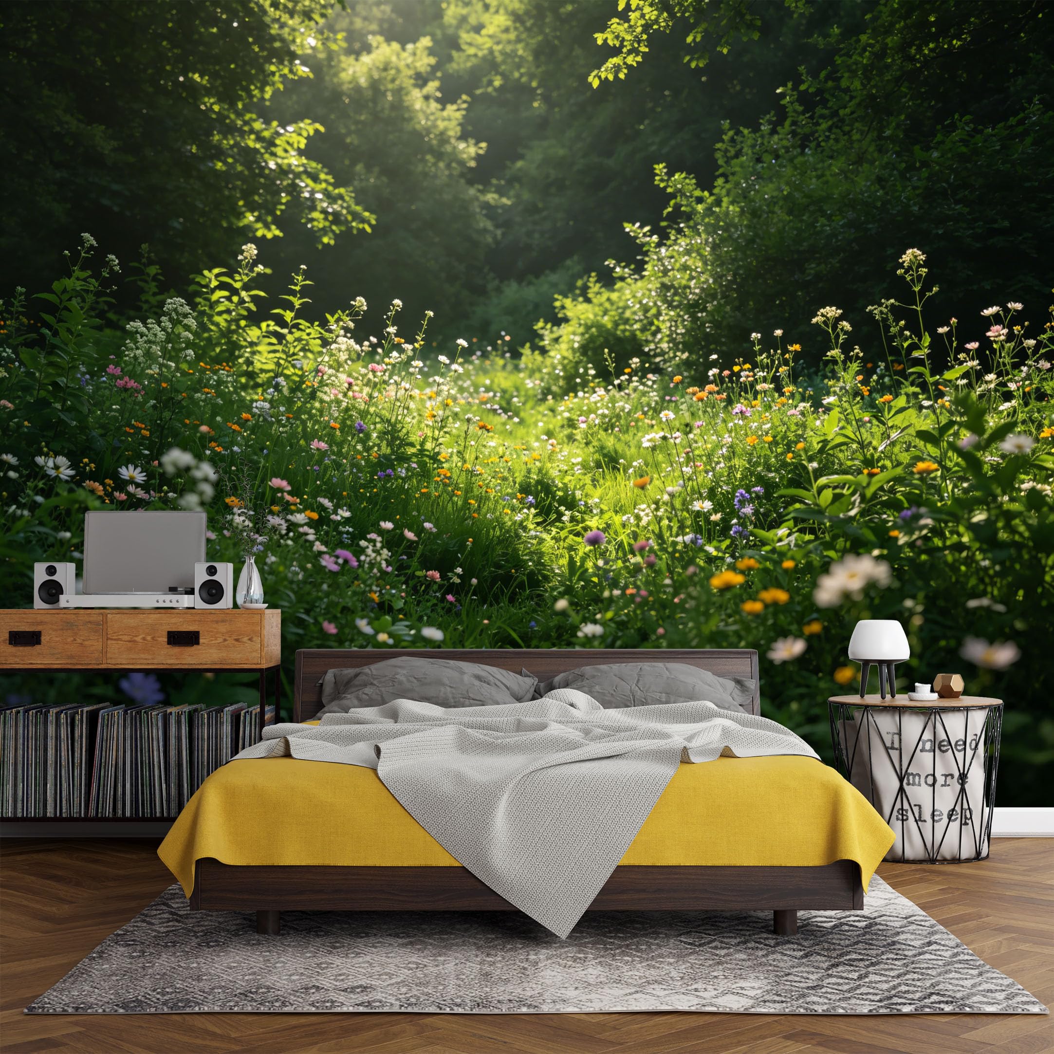 Custom Size Wall Mural， Botanical Wildflower Meadow Sunlight Forest Landscape，SelfAdhesive Art Prints wall Fabric (No PVC) Removable Wallpaper Living Room Decor