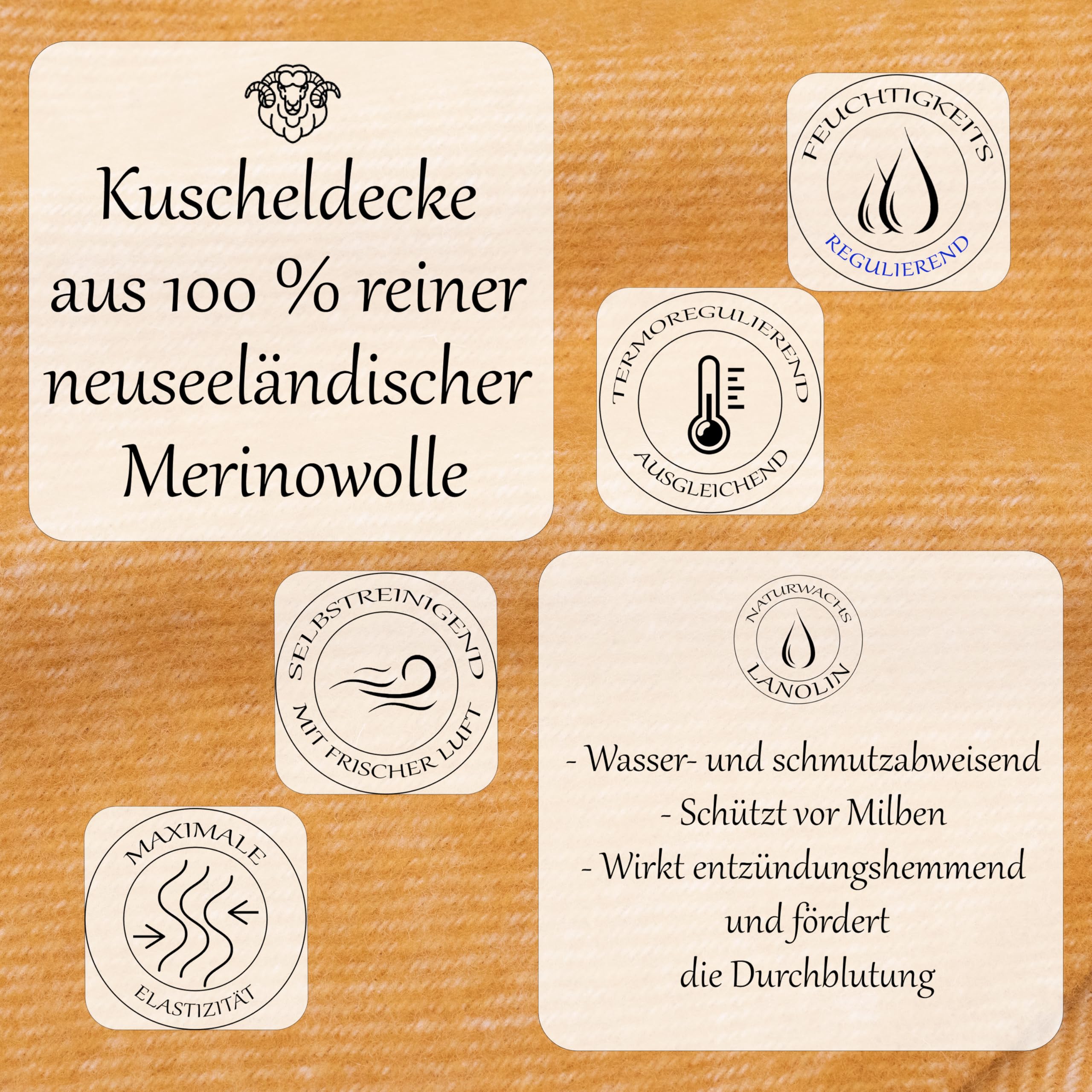 PinkZebra Sehr Warme Dicke 400 g/m² Merinowolle Decke ca. 160 x 200 cm, aus 100% Neuseeland Wolle, Tagesdecke, Kuscheldecke, Wohndecke, warme Decke mit Fransen, kuschelige Sofadecke, Honig
