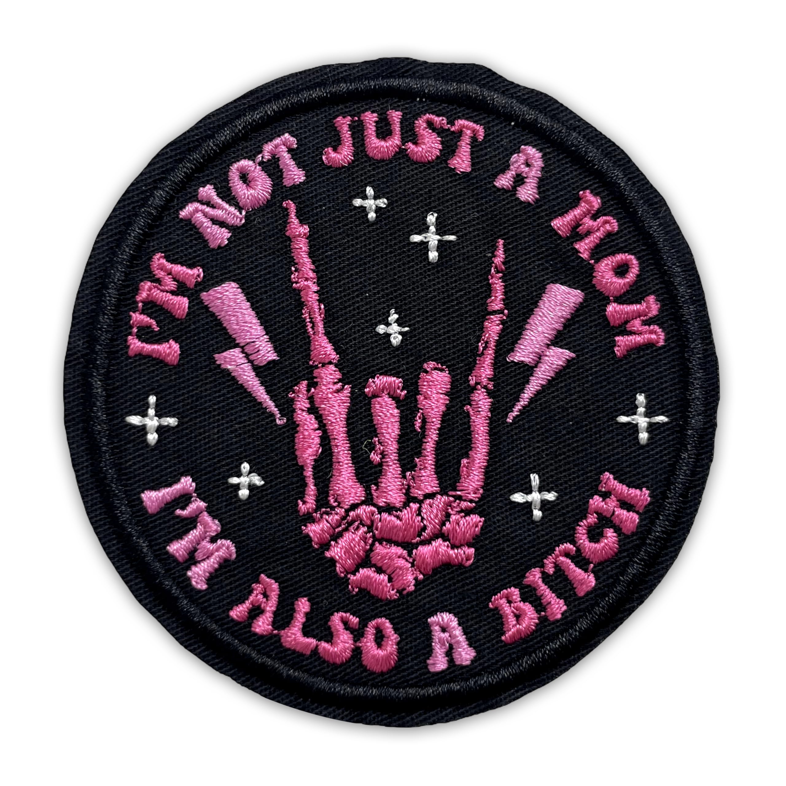 I'm Not Just A Mom I'm Also A B*tch Patch 3 Inches Funny Skeleton Hand Sarcastic Mom Life Iron On/Sew On Embroidery Fabric Applique Patches for Trucker Hat Clothes Backpack DIY Accessories Friend Gift