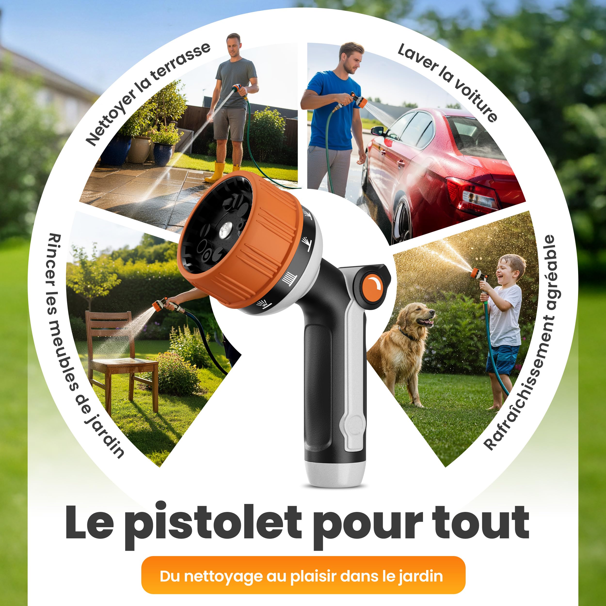 rainfactory pistolet arrosage - douchette jardin multifonction avec 10 modes de pulvérisation, haute pression et poignée ergonomique - lance arrosage avec embout tuyau 3/4" en laiton