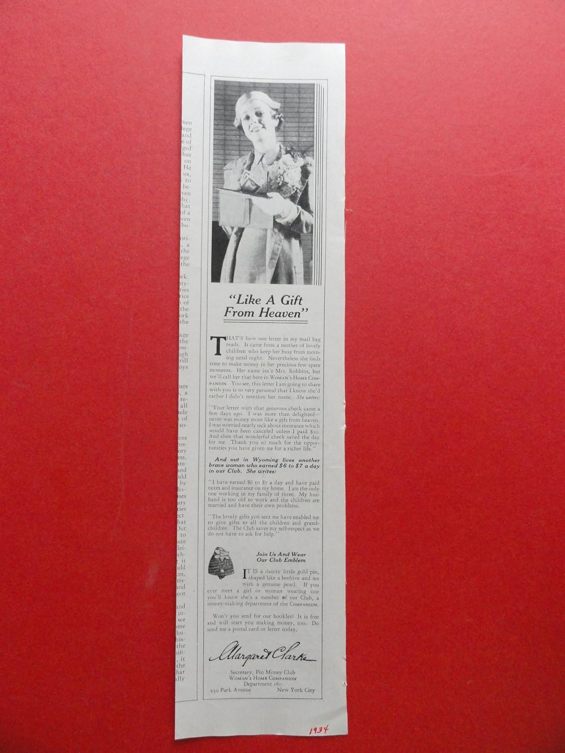 pin money club,1934 print ad (woman/like a gift from heaven
