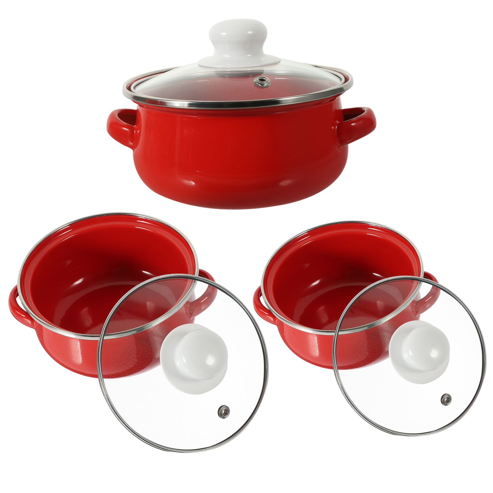 Set 3 Cazuelas Esmaltadas Con Tapa - 20.5, 18 Y 15 Cm, Para Sopa, Leche, Fideos, Inducción