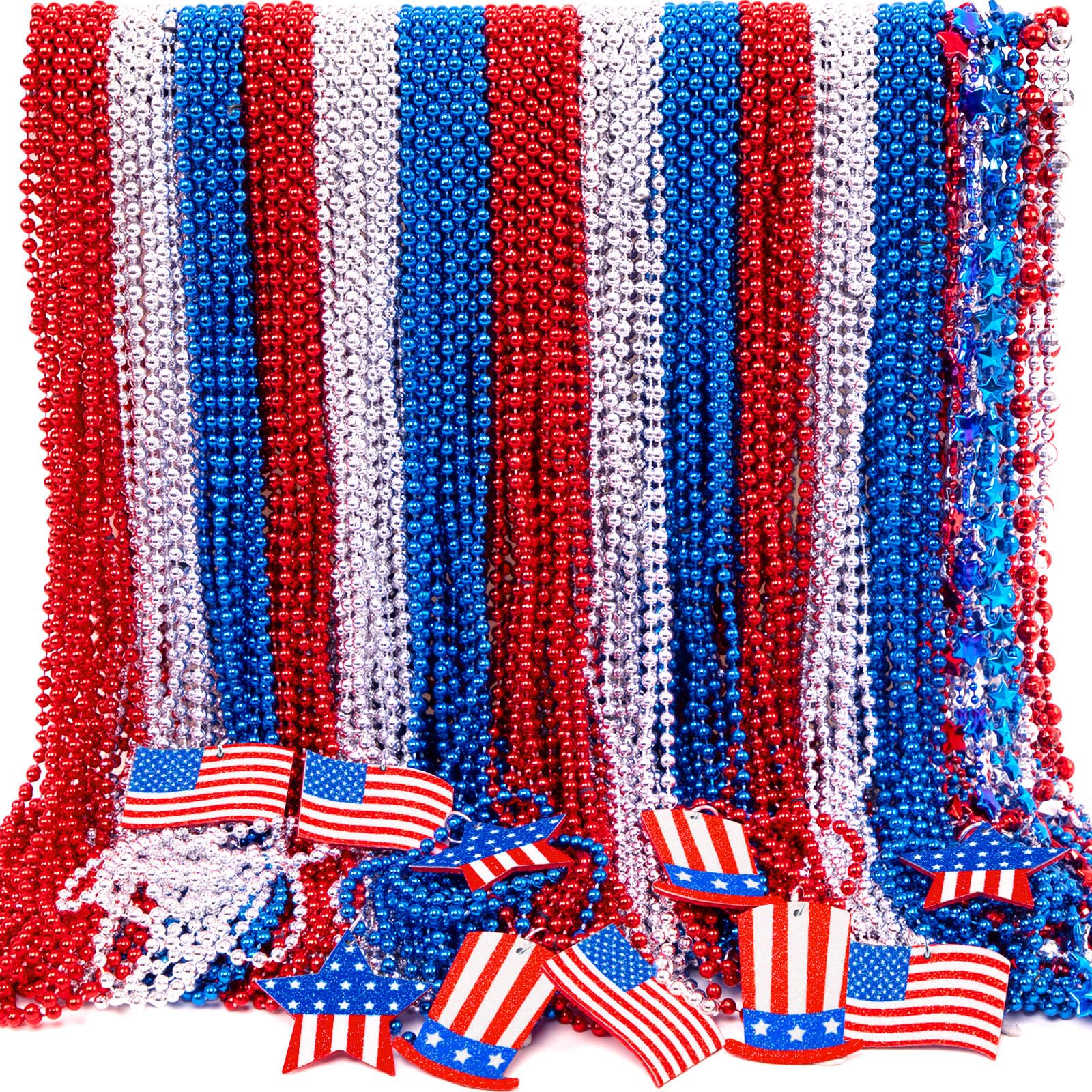 100PCS 4th of July Accessories Necklaces: Blue White and Red Beads Bulk, Patriotic Party Independence Memorial Day Favors Toys Decorations