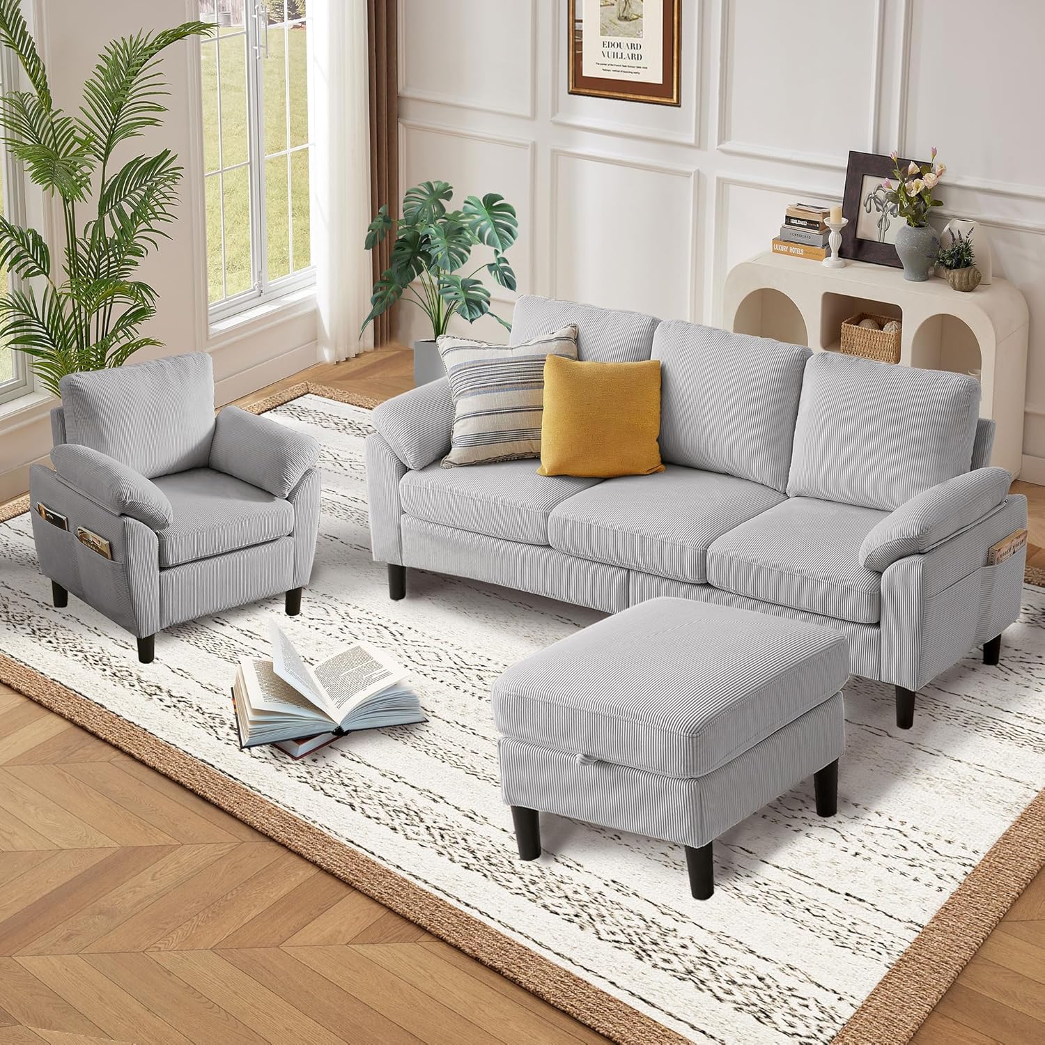 3 Pieces Corduroy Sofa Set for Living Room with Sofa, Storage Ottoman and Single Chair