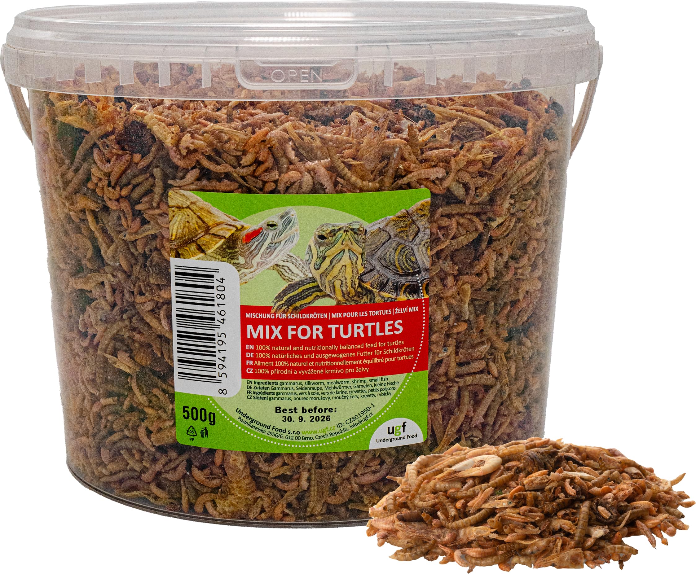 UGF - Universal Schildkröten Futter Mix - 500g im 3 Liter Eimer, Ausgewogenes Schildkrötenfutter, Gammarus, Seidenraupen, Mehlwürmer, Garnelen und getrockneter Fisch, Wasserschildkröten Futter