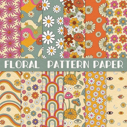 AnyDesign - 24 piezas de papel de patrón floral de 11.8 x 11.8 pulgadas, papel retro bohemio de margaritas de los años 70, papel decorativo de doble
