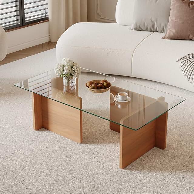 Modern Glass Coffee Table, Artistic Rectangular Coffee Table with Temper...