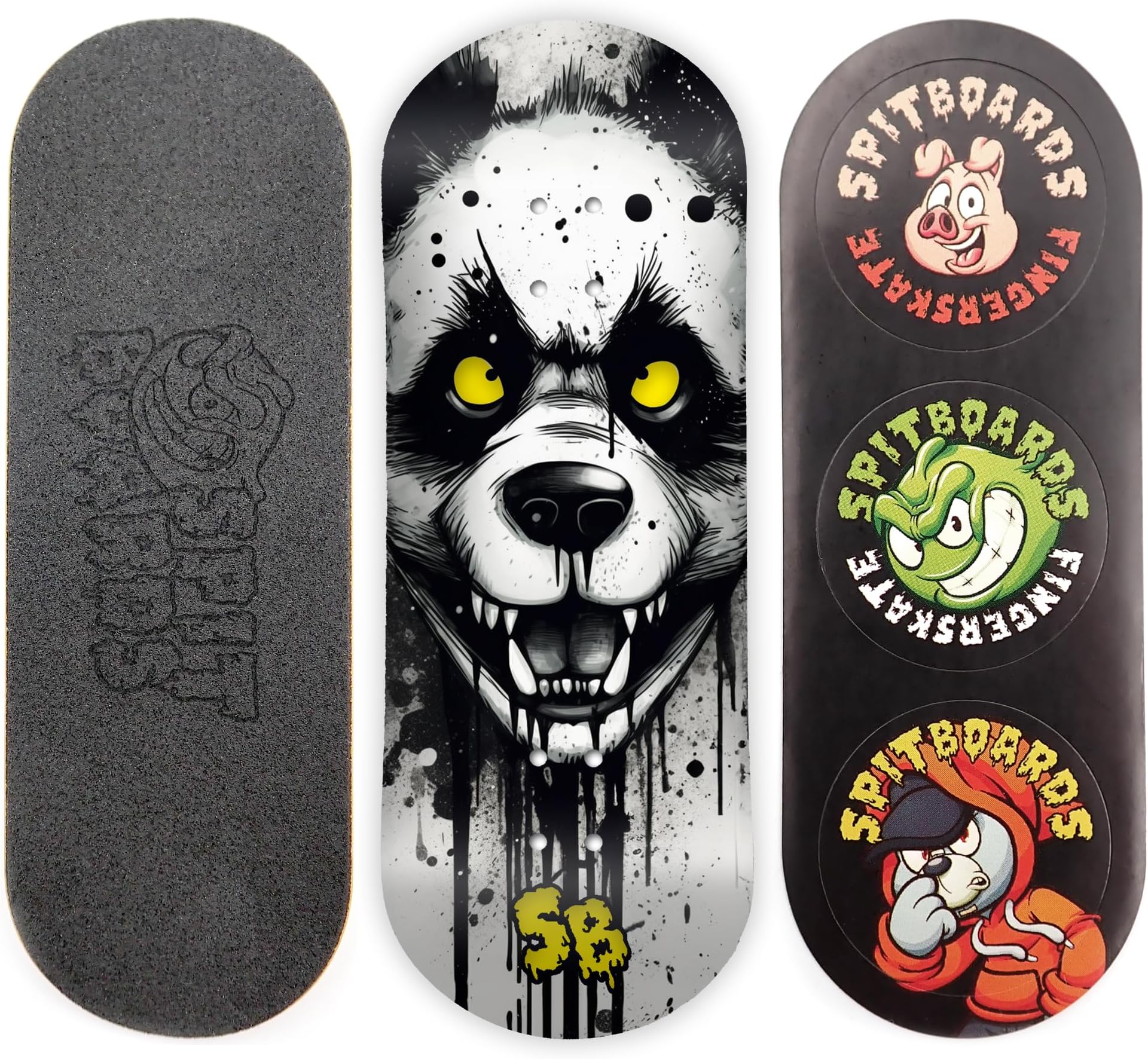 SPITBOARDS® 34mm Fingerboard Deck - Real Wood (5-Layers) Classic Popsicle Street Shape - Size: 34 x 96 mm - Single Graphic Deck (Real Wear) - Optimized Concave - Hungry Panda