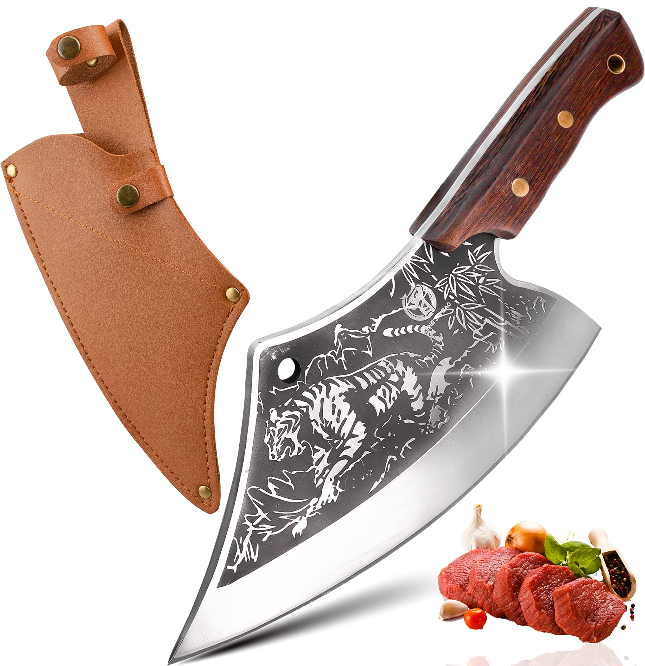 ZENG JIA DAO Meat Cleaver Knives with Sheath - 8'' Hand Forged Butcher Knife with Tiger Style - Heavy Duty Chopping Knife - High Carbon Steel - Full Tang Kitchen Knife for Home, Restaurant