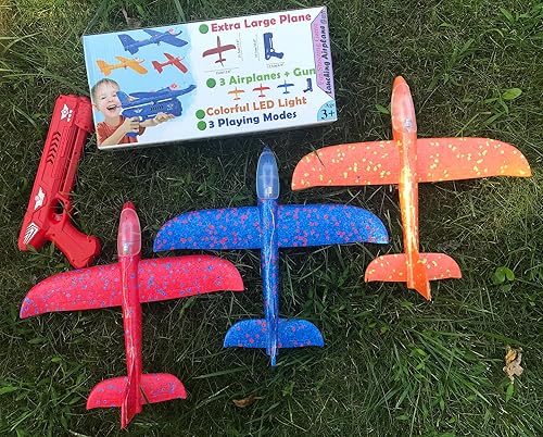 Miniatura 8 de Paquete de 3 lanzadores de aviones planeadores extra grandes, avión de espuma duradera con LED, 3 formas de jugar, 3 modos de vuelo, avión volador