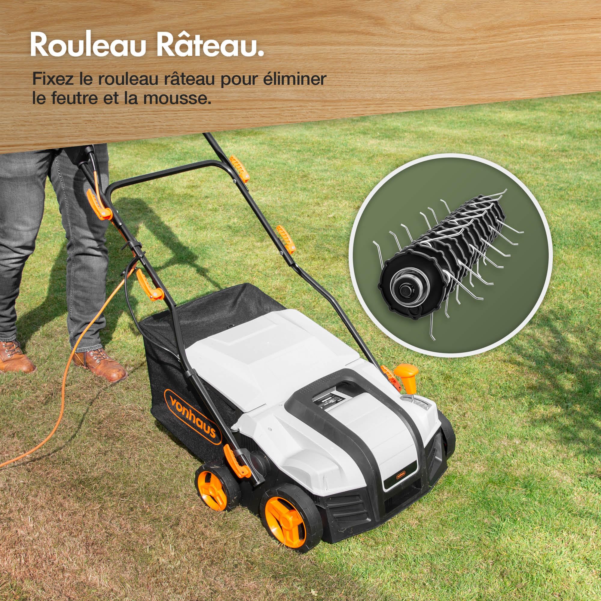 VonHaus Scarificateur/Aérateur/Râteau Électrique 1800W – Pour Scarification Et Râtelage Du Gazon, Élimine Feutre, Mousse Et Feuilles, Aère Le Sol, Bac De Ramassage 55L, 5 Hauteurs, Largeur 38cm