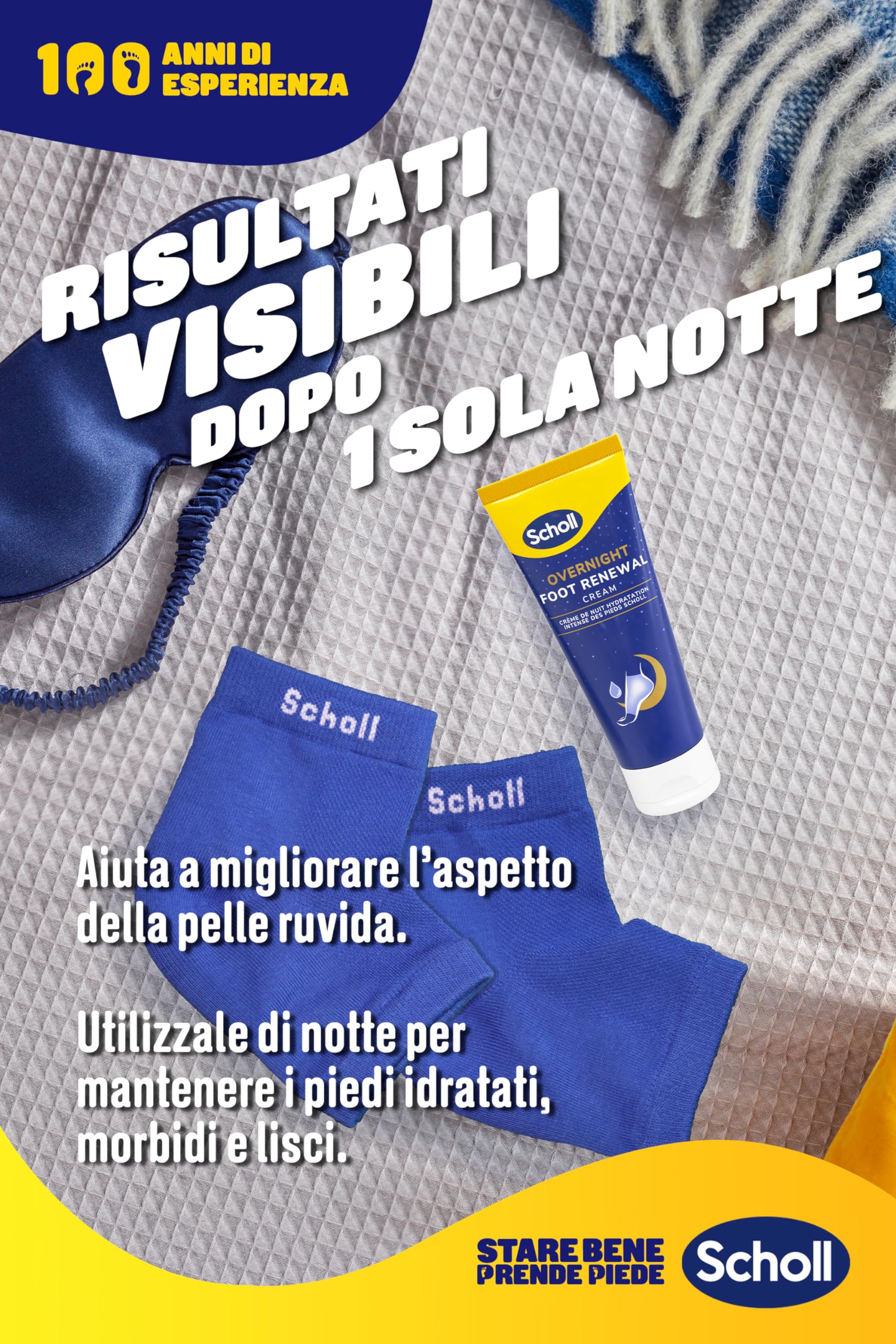 Scholl Overnight Foot Renewal Kit, Kit da Notte per l'Idratazione Intensa dei Piedi Secchi con Talloni Screpolati, Contiene 1 Crema Piedi Idratante con Urea al 5% e 1 Paio di Calzini Riutilizzabili