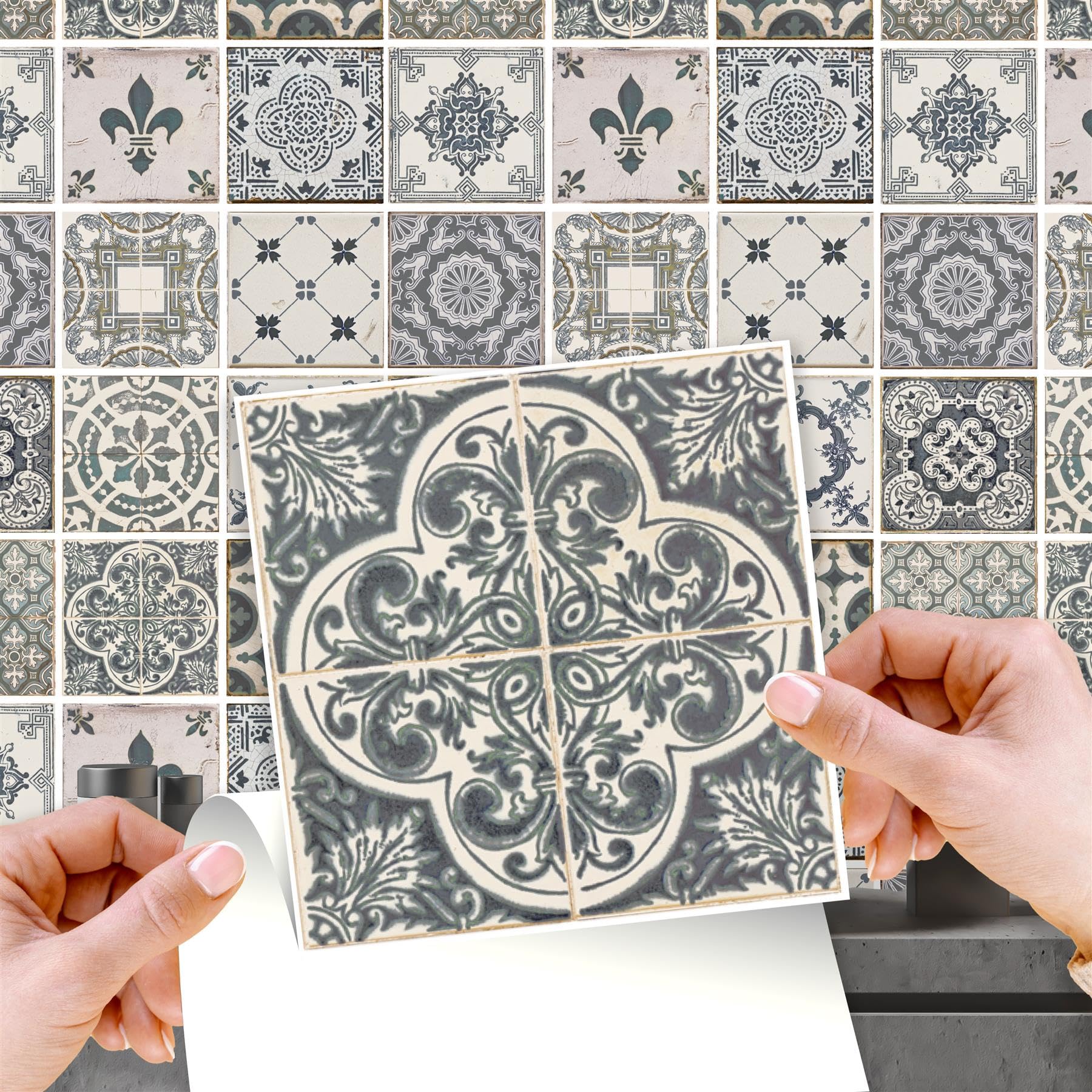 WALPLUS 72 pcs 15cm (6") Vintage Blue Tile Stickers Peel and Stick Self-Adhesive Vinyl Wall Tiles for Kitchen Bathroom Bedroom Backsplash DIY Home Décor