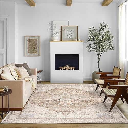 Alfombra bohemia neutra para sala de estar, lavable de 5 x 7 pies, estilo vintage, rústico, moderno, estilo rural, fácil de limpiar, resistente a