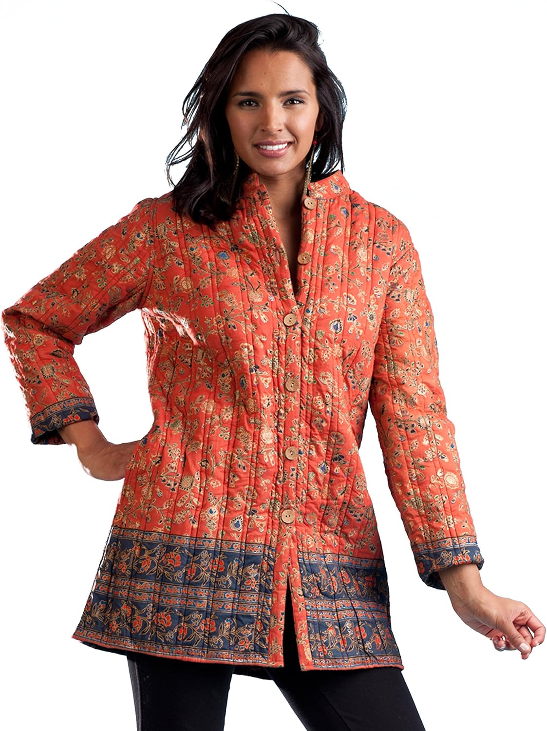 LA CERA Women's Long Quilted Cotton Jacket – Reversible Floral Print Coat with Pockets, Lightweight Fall Outerwear