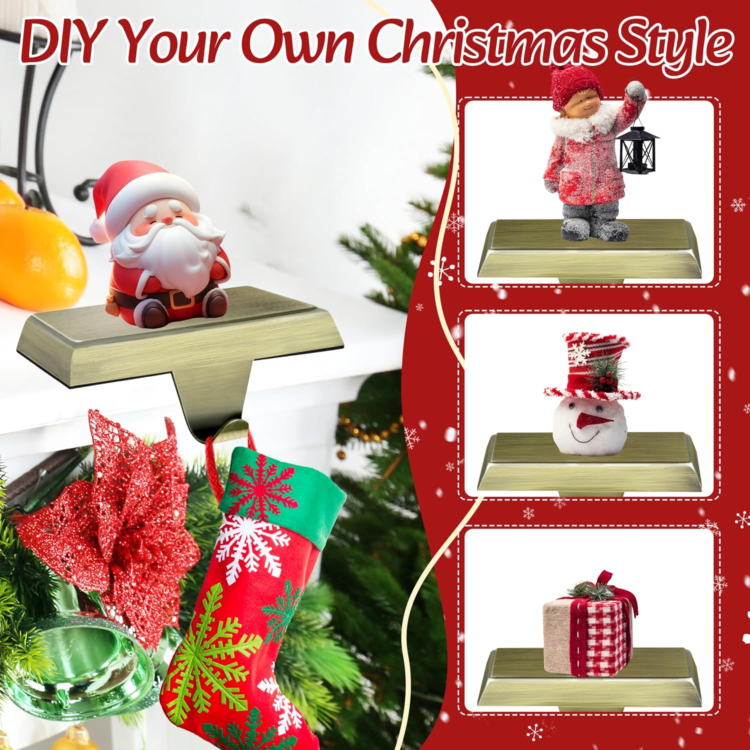 Palonu 4 Pcs Christmas Bronze Stocking Holders, Heavy Duty Mantle Hangers with Non-Slip Pad, Weighted Stocking Hooks Christmas Ornaments for Xmas Holiday Fireplace Shelf Window Decoration