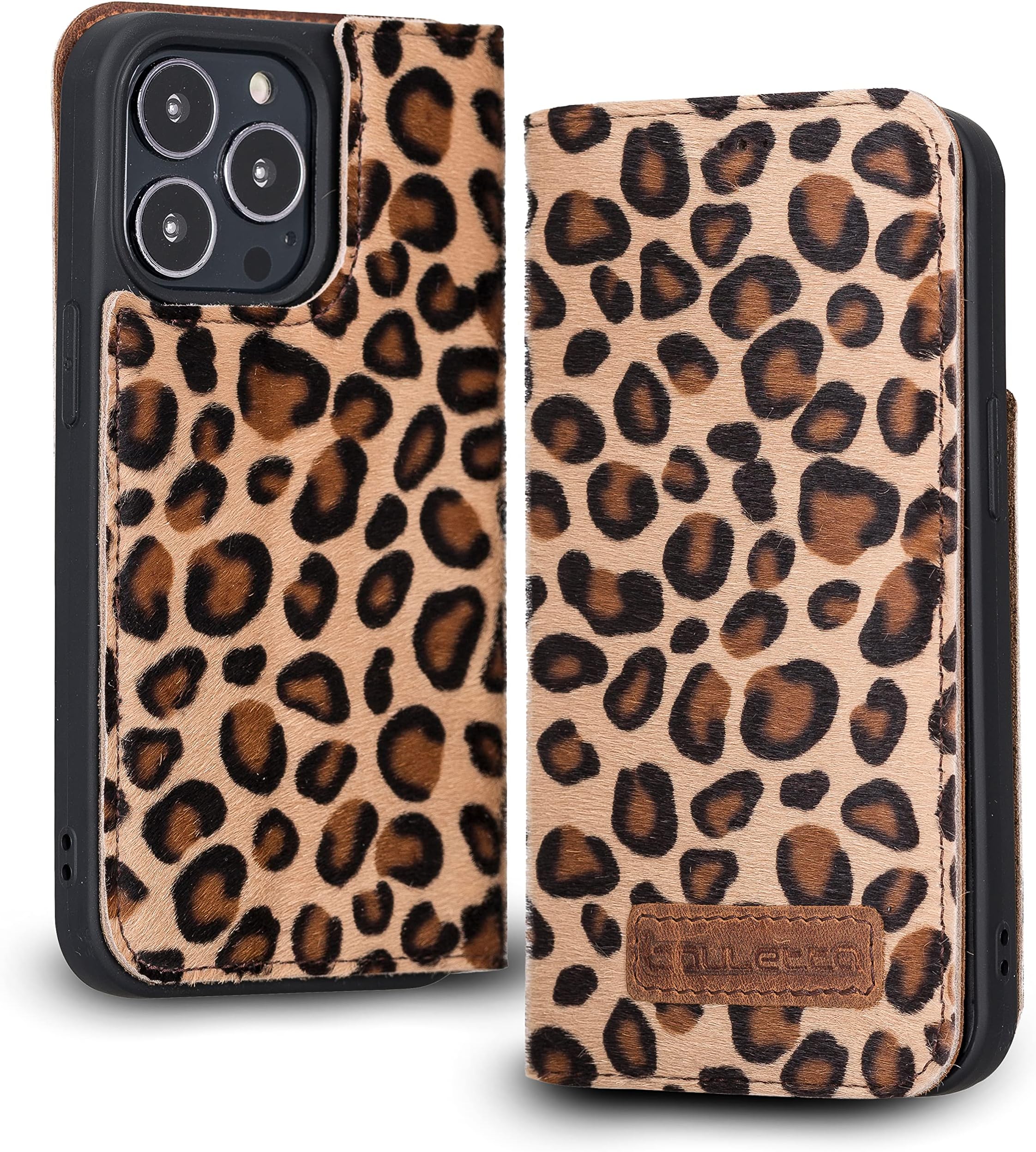 BOULETTA Case for iPhone 13 Pro Handmade Genuine Leather Wallet Case Folio Flip Cell Phone Cases RFID Blocking Card Holder Case for Women and Men 6.1 Inch Leopard