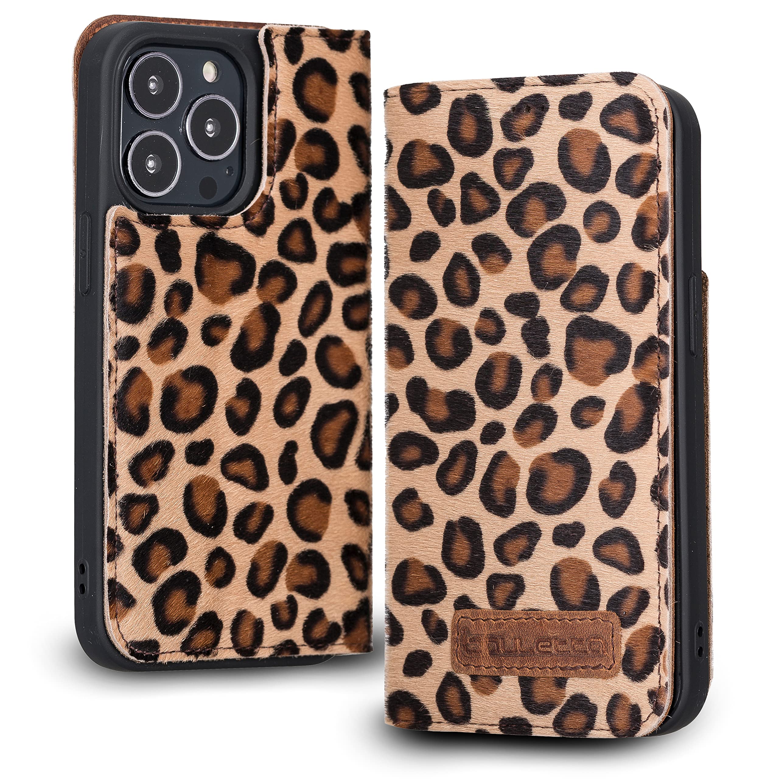BOULETTA Case for iPhone 13 Pro Handmade Genuine Leather Wallet Case Folio Flip Cell Phone Cases RFID Blocking Card Holder Case for Women and Men 6.1 Inch Leopard