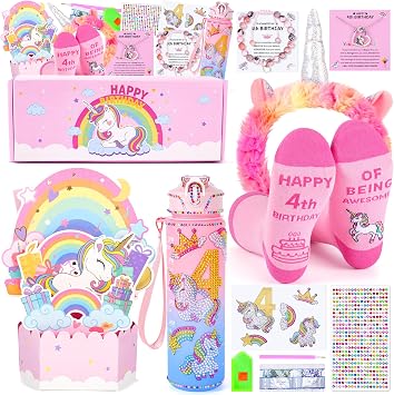 Unicorn Gifts for Girls, Christmas Birthday Gifts for Girls Age 4 Years Old Girl Birthday Gift Unicorn 3D Pop-Up Card for 4-Year-Old Girl and DIY Water Bottle Kits, Unicorn Toys for Daughter, Niece