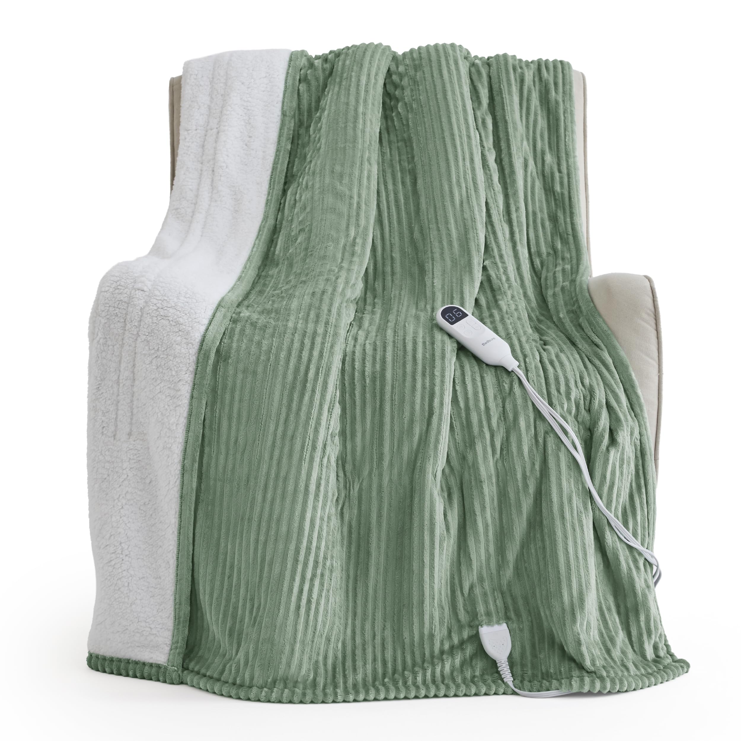Bedsure Ribbed Heated Blanket Throw XL, Green Electric Blanket, Preheat